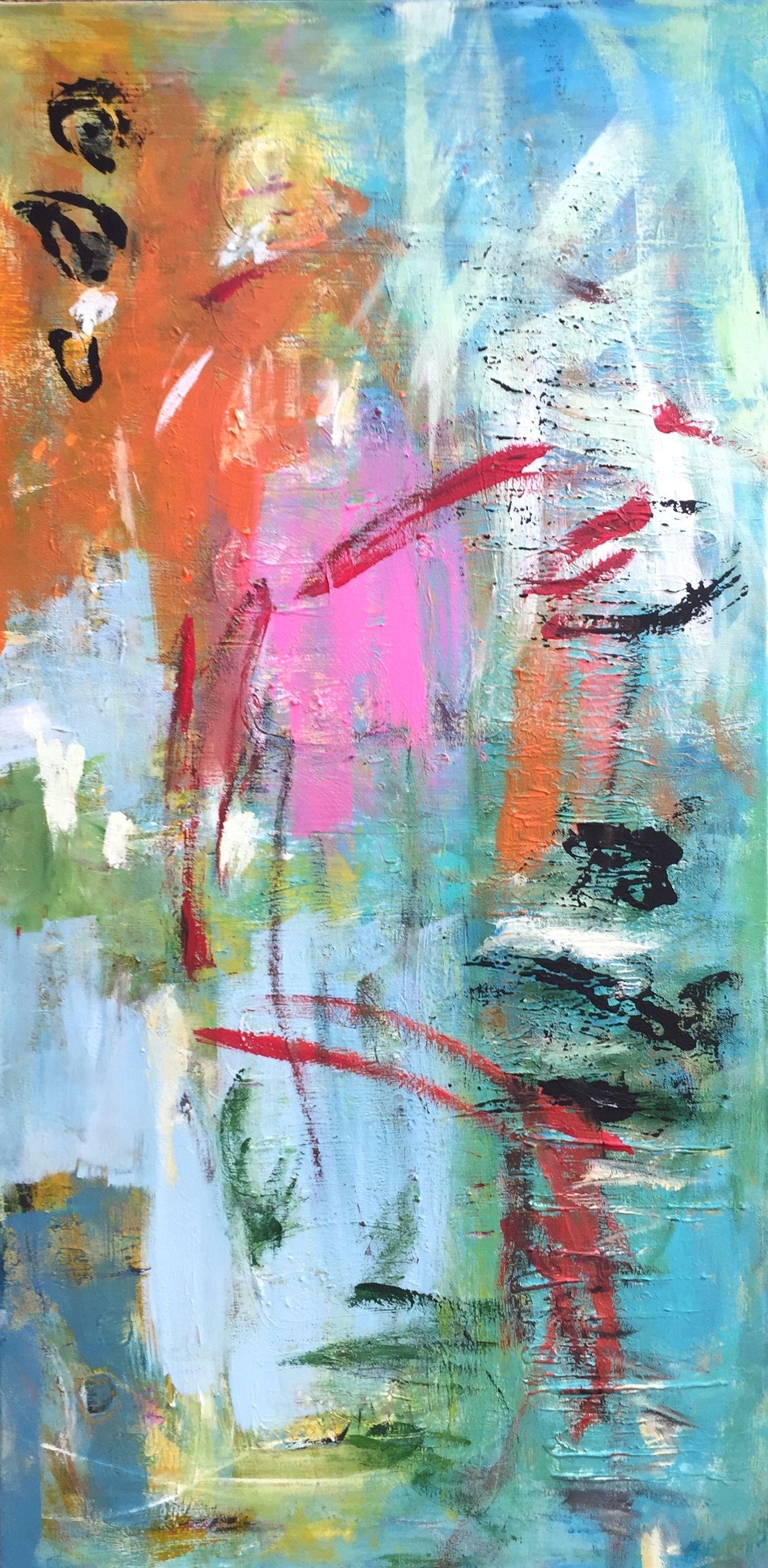 "You Can't Stop a Setting Sun" is an abstract, dynamically painted acrylic painting in portrait format. It has several layers and this gives it a wonderful depth effect. The painting is a representative of the Informel with light hand and Wunderar