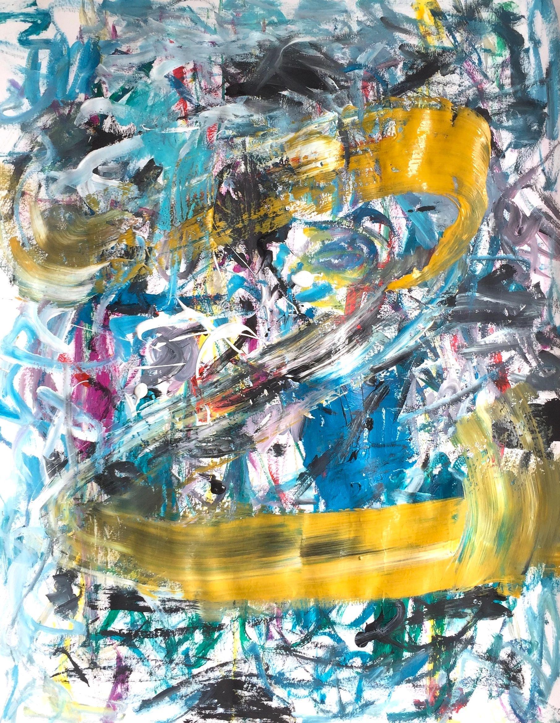 "Zero" is an abstract acrylic painting on paper. It is lively, colorful, expressive and in the colors yellow, turquoise, blue, black and white. It can be assigned to street art.  The artist describes "Zero" as an intermediate zone, a transition in