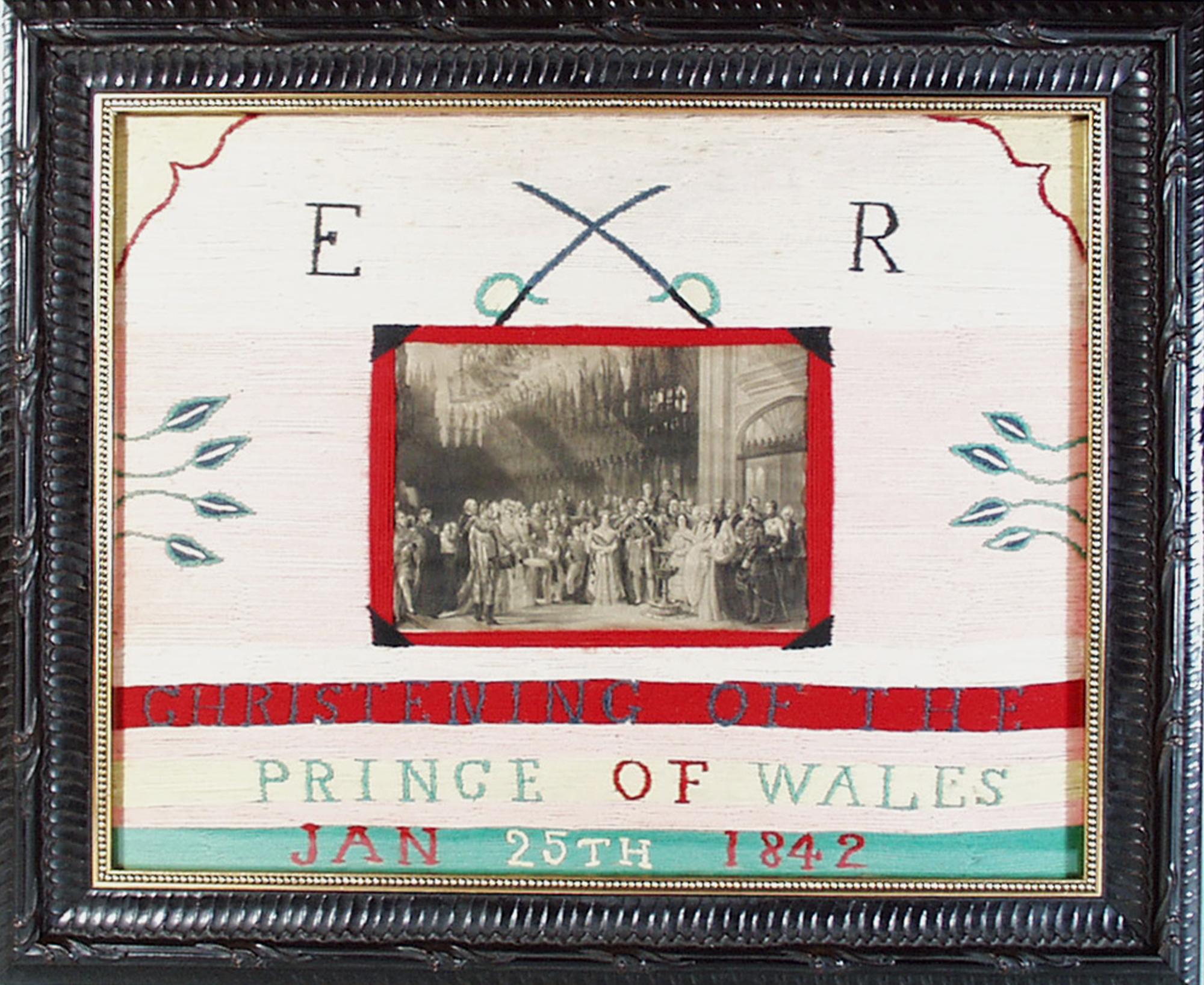 English Christening of the Prince of Wales Woolwork Picture,  Dated 1842 For Sale