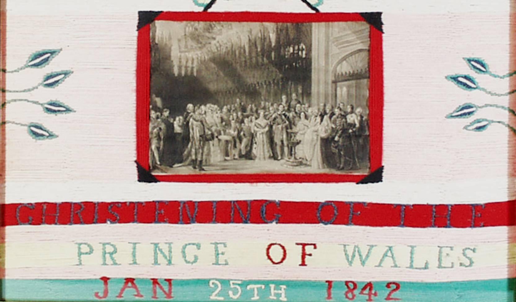 English Royal Woolwork Picture,
Titled E R/ Christening of the/Prince of Wales/Jan 25th 1842.

A rare woolwork picture in bands of white, pink, red and green centered with a black and white picture framed in red wool of the christening of the