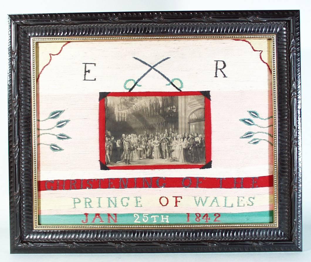Folk Art Christening of the Prince of Wales Woolwork Picture,  Dated 1842 For Sale