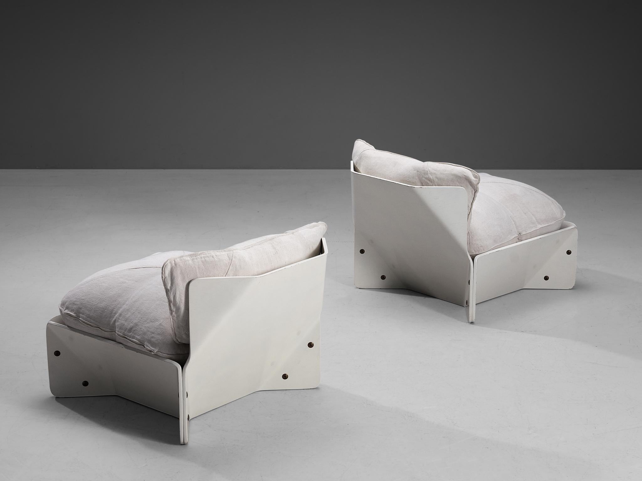 Christensen & Larsen, pair of lounge chairs, lacquered wood, fabric, Denmark, 1970s.

Stunning pair of Postmodern lounge chairs manufactured by the Danish company Christensen & Larsen. The overall design of the chairs is truly unique and resembles