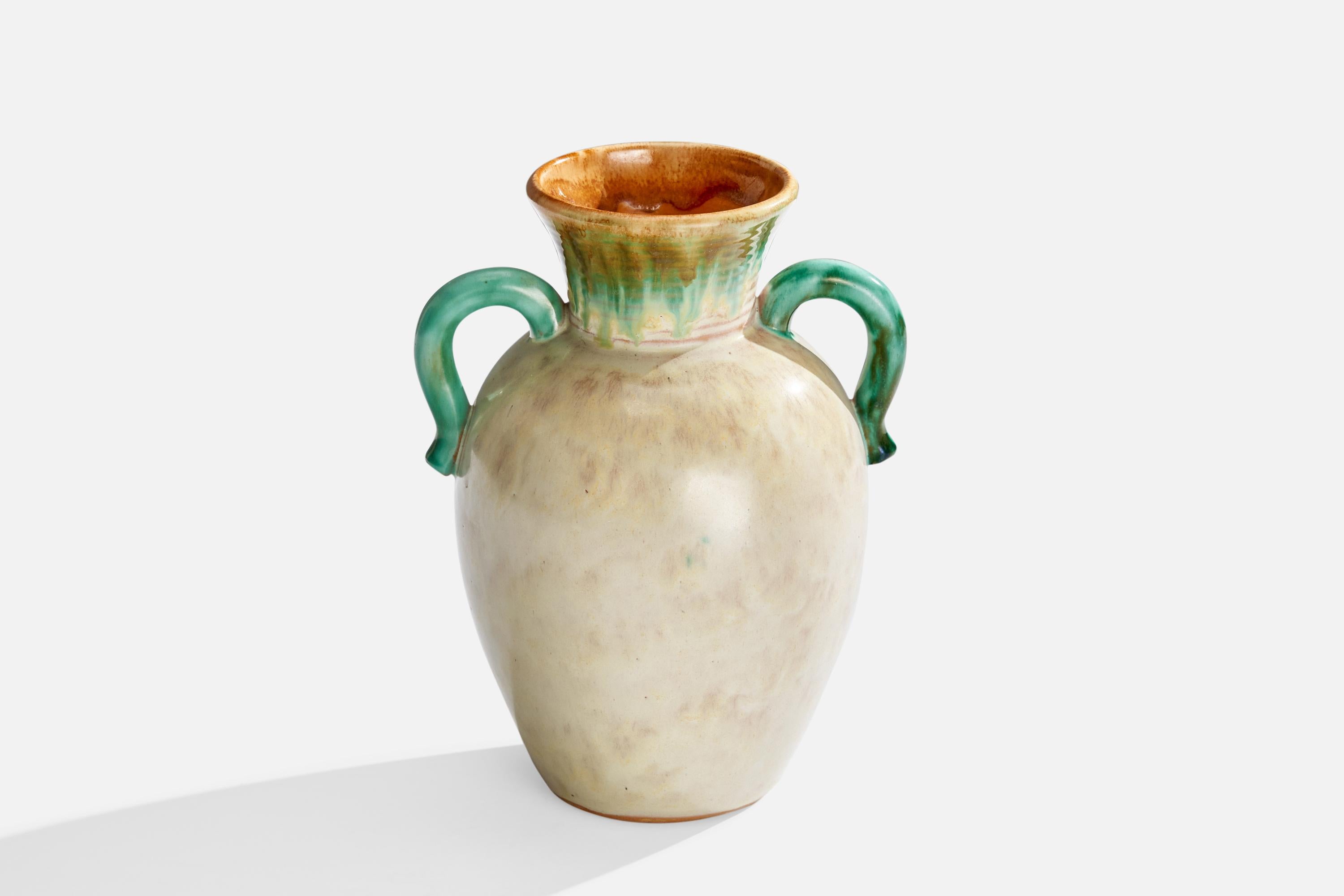 An off-white and green-glazed ceramic vase designed by Christer Heijl and produced by Töreboda Keramik, Sweden, 1930s.