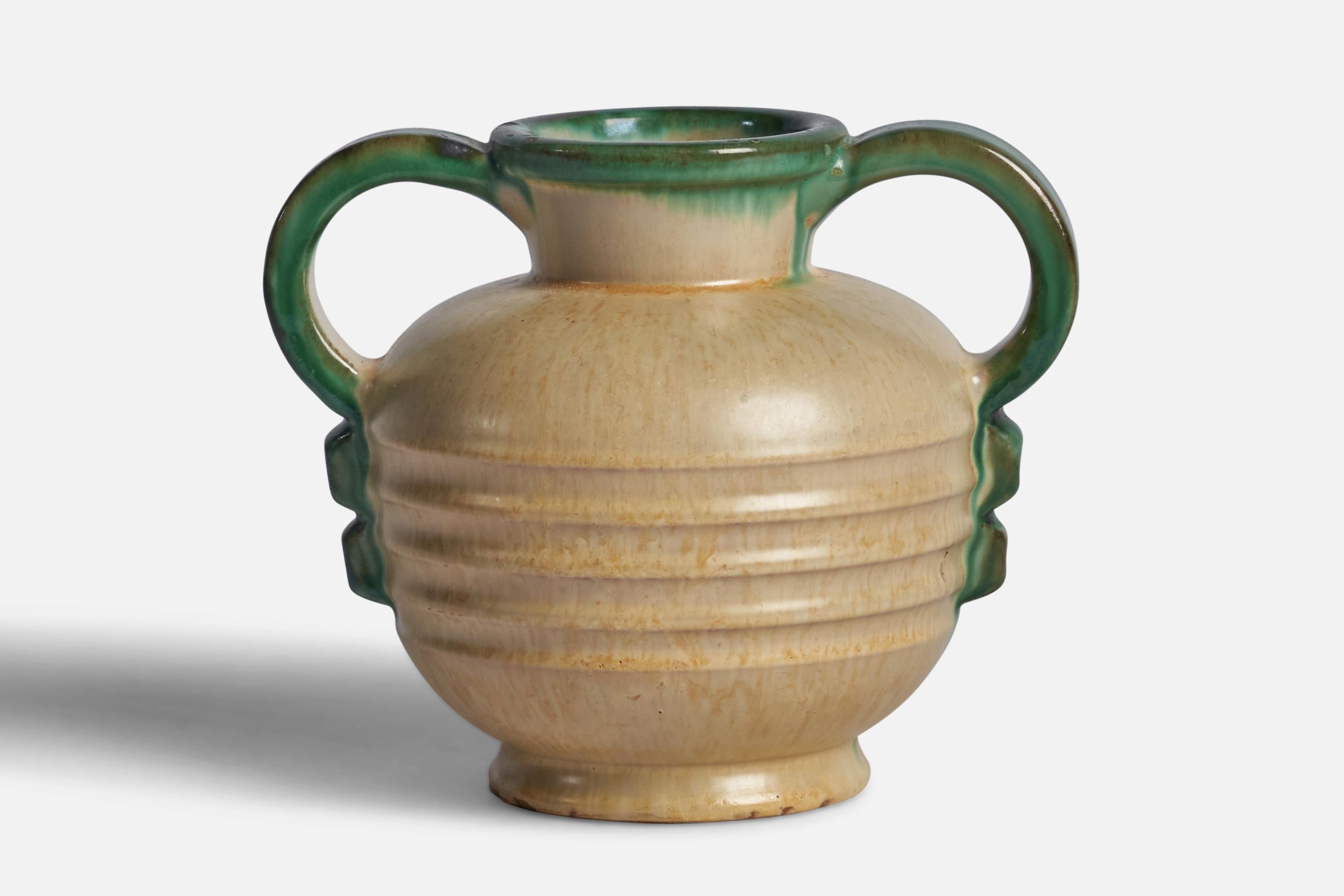 A green and beige-glazed earthenware vase designed by Christer Heijl and produced by Töreboda Keramik, Sweden, 1930s.