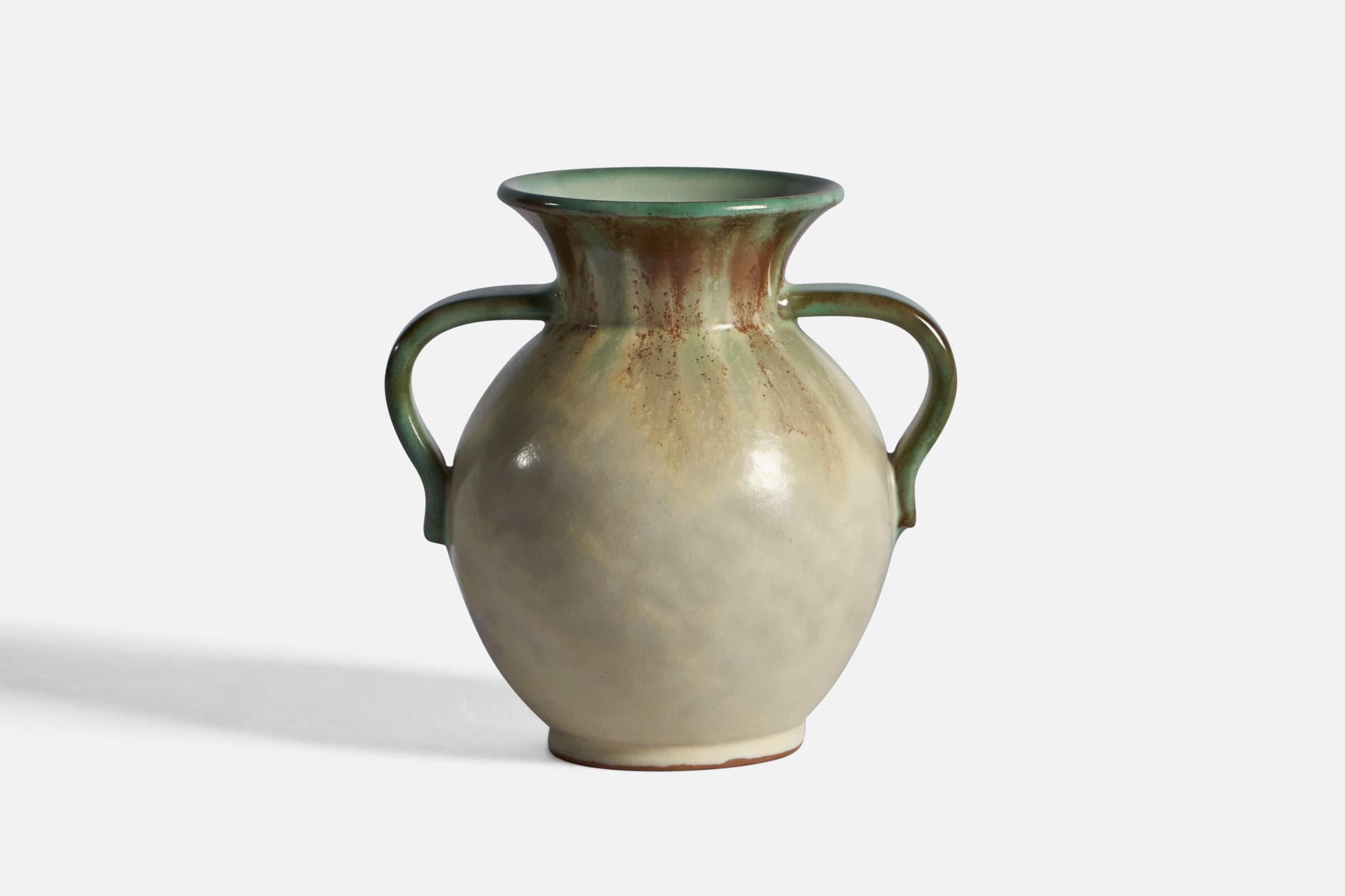 A green and beige-glazed earthenware vase, designed by Christer Heijl and produced by Töreboda Keramik, Sweden, 1940s.