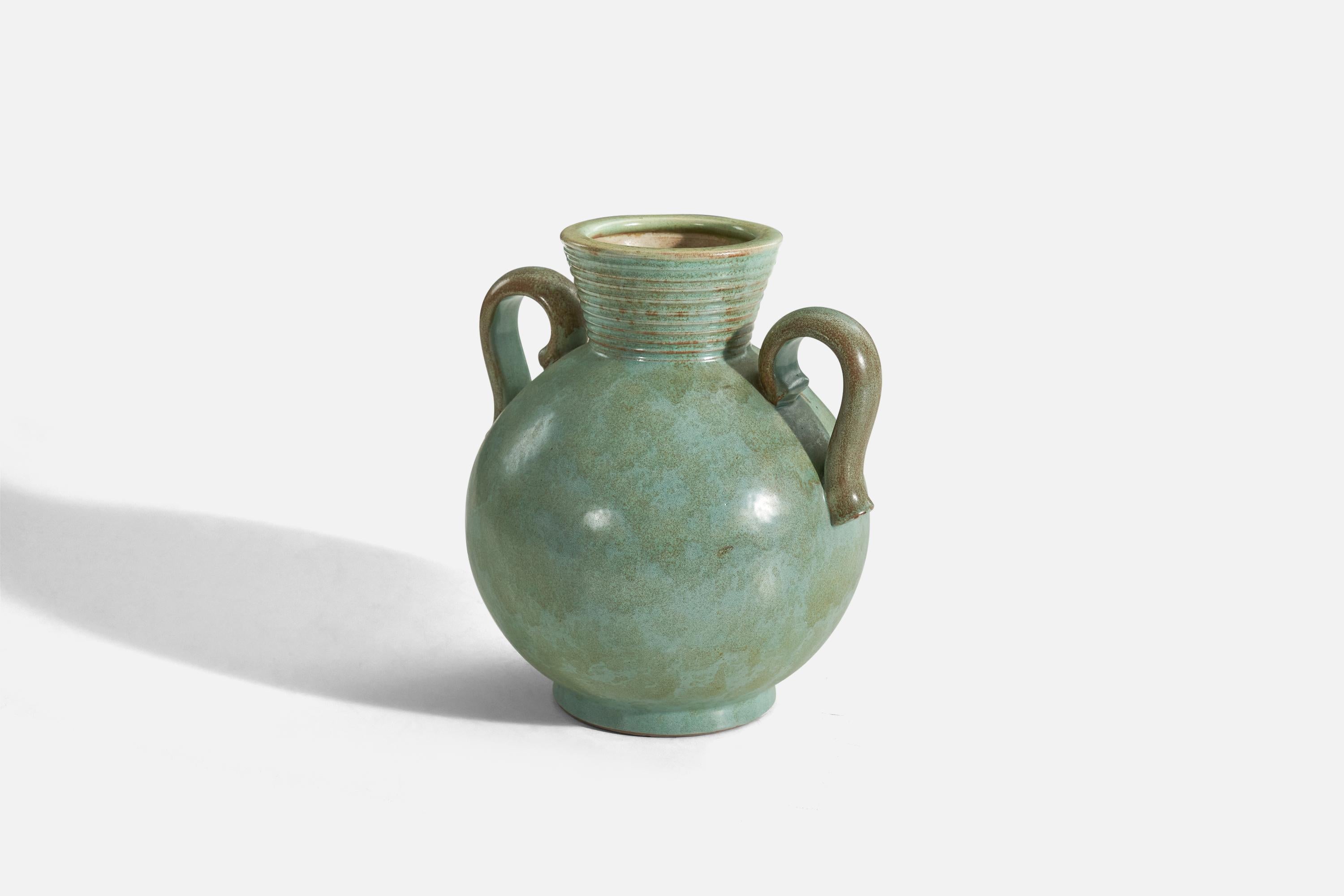 A green, glazed stoneware vase designed by Christer Heijl and produced by his studio Christers Keramik, Sweden, c. 1950s.