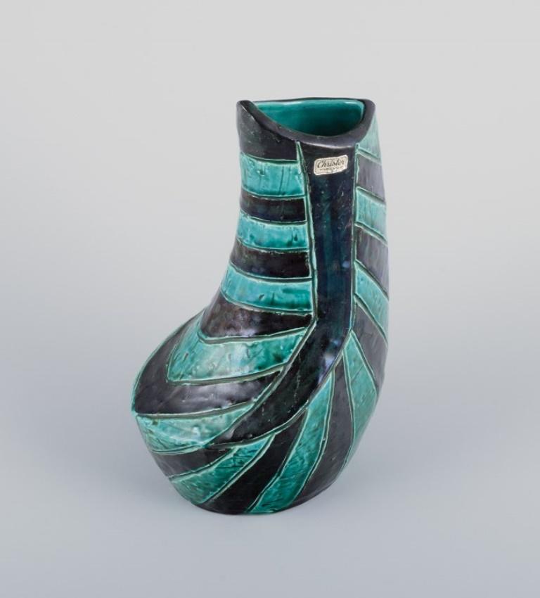 Glazed Christer, Mariestad, Sweden. Modernist ceramic vase with green and black glaze. For Sale