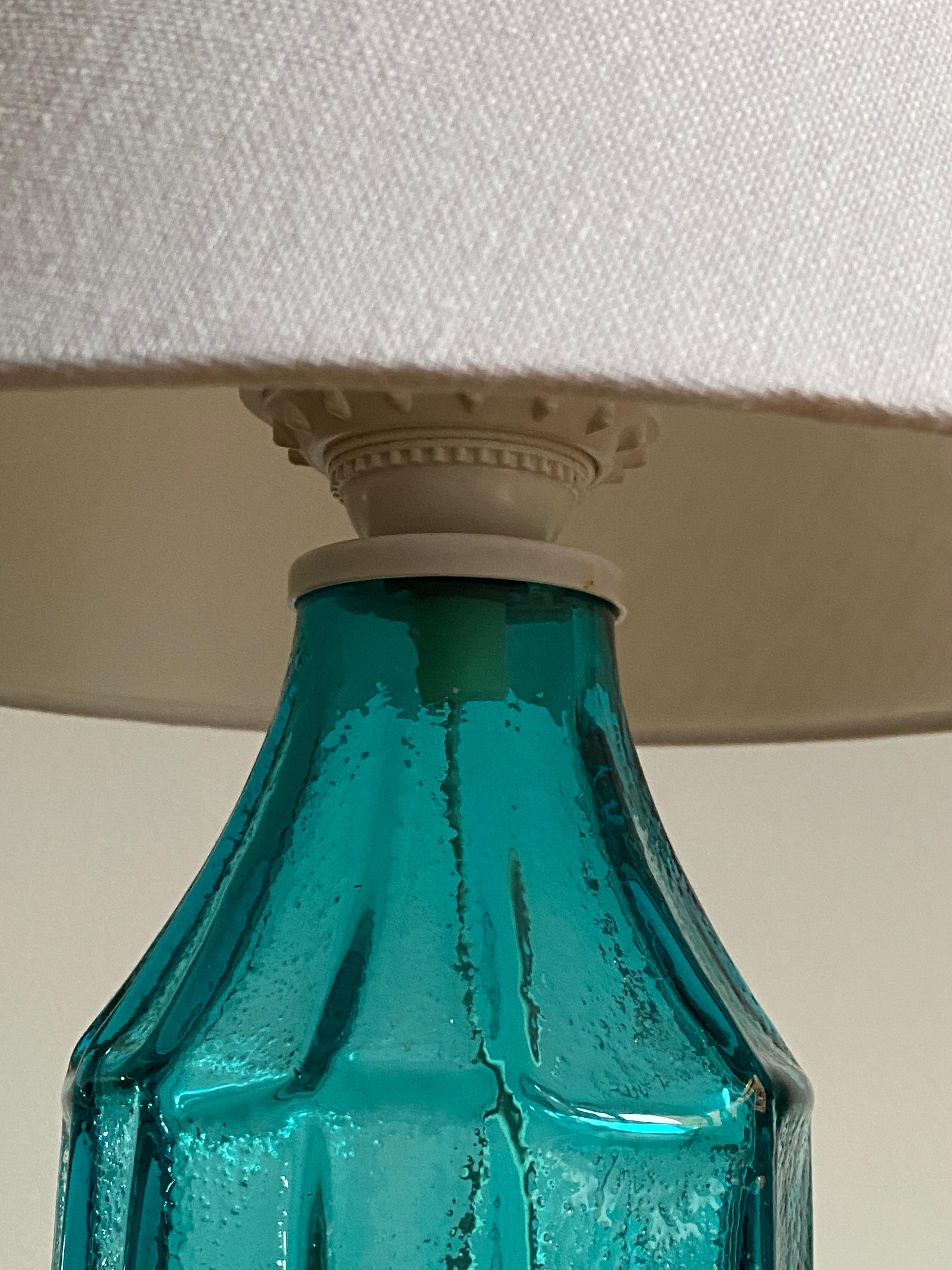 Swedish Christer Sjögren, Table Lamp, Blue Glass, Fabric, Lindshammar, Sweden, 1950s