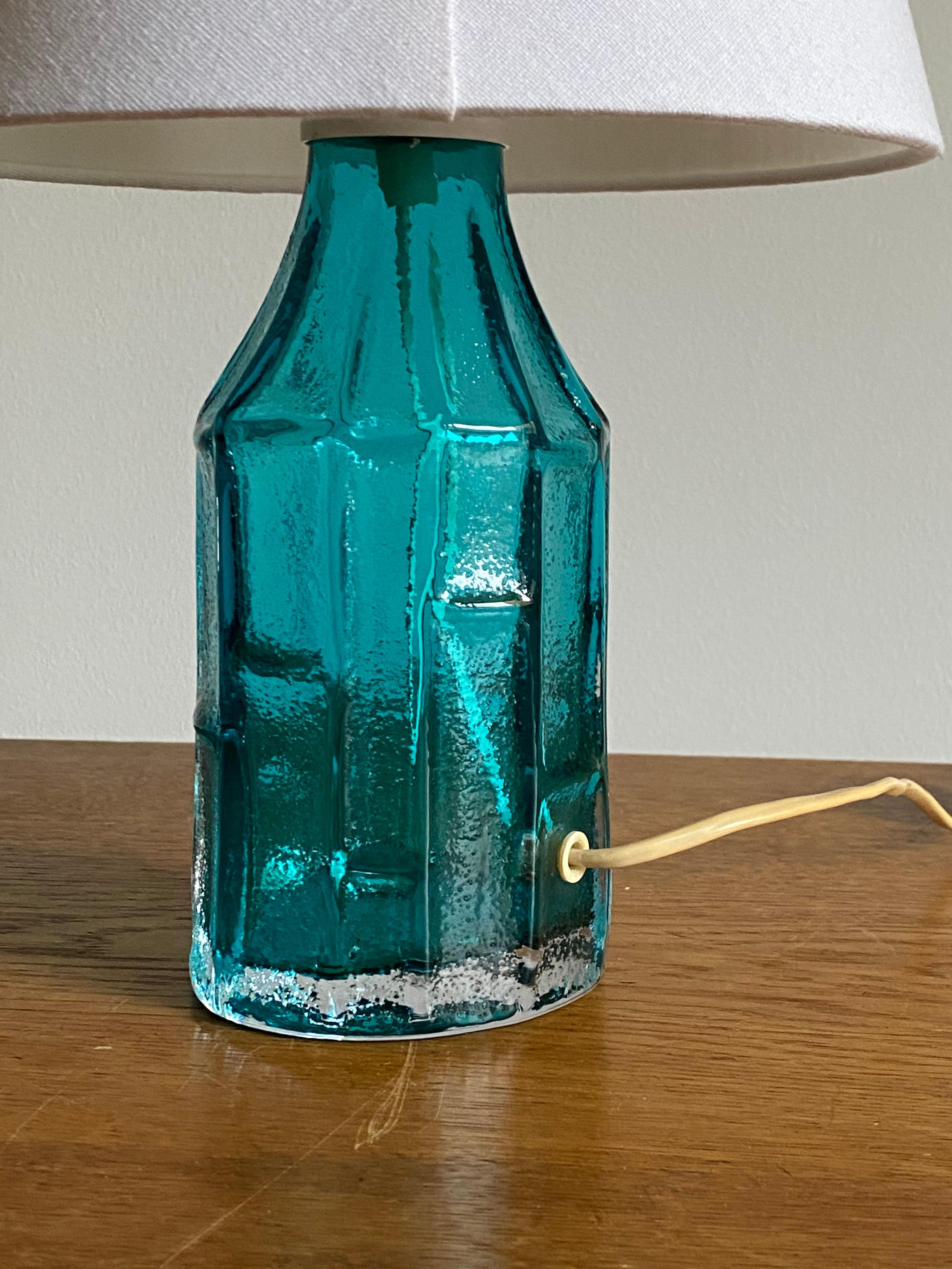 Mid-20th Century Christer Sjögren, Table Lamp, Blue Glass, Fabric, Lindshammar, Sweden, 1950s