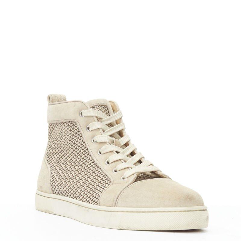 CHRISTIAB LOUBOUTIN Louis sand beige suede jacquard high top sneaker EU40.5
Reference: TGAS/B01960
Brand: Christian Louboutin
Model: Louis
Material: Suede, Mesh
Color: Grey
Pattern: Solid
Closure: Lace Up
Lining:  Leather
Extra Details: Sand beige