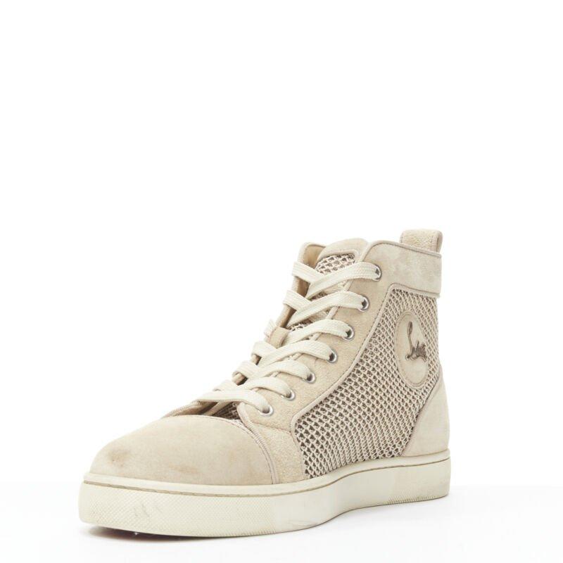 CHRISTIAB LOUBOUTIN Louis sand beige suede jacquard high top sneaker EU40.5 In Good Condition For Sale In Hong Kong, NT