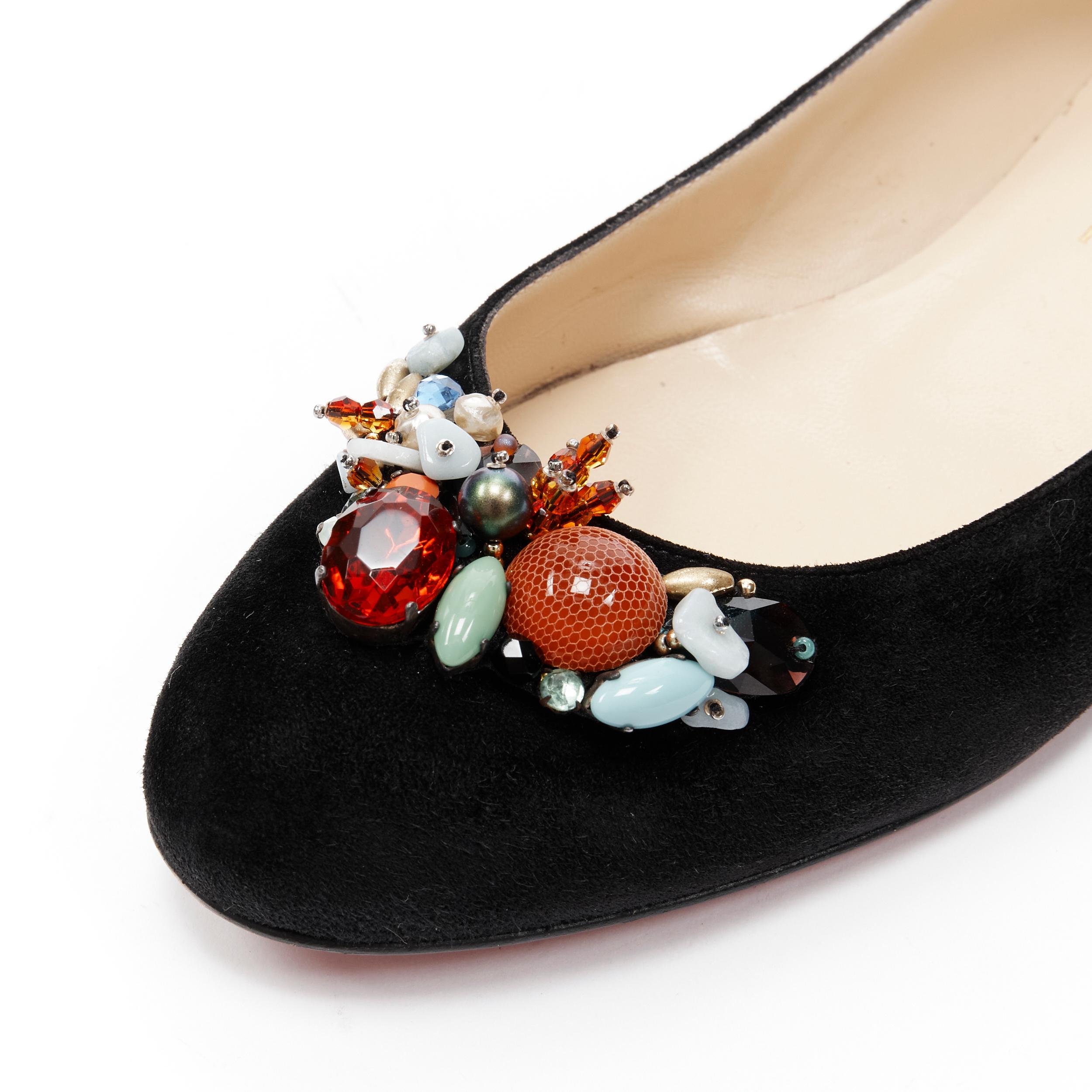 CHRISTIAN LOUBOUTIN mixed crystal stone rhinestone black suede flats EU37.5 In Good Condition For Sale In Hong Kong, NT