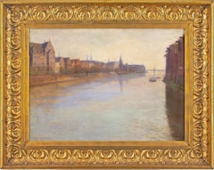 Christian Asmussen, European Cityscape With River, Oil Painting