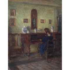 Christian Asmussen, Scena d'interno con ragazza al pianoforte, pittura a olio