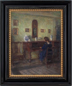 Christian Asmussen, Scène d'intérieur avec une fille au piano, peinture à l'huile 