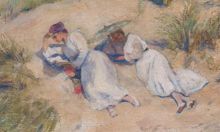 Original Danish early 20th Century oil painting of reclining ladies on the beach - Gray Figurative Painting by  Christian Asmussen 