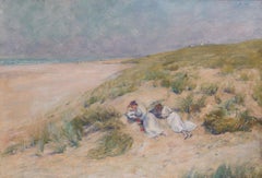 Original Danish early 20th Century oil painting of reclining ladies on the beach