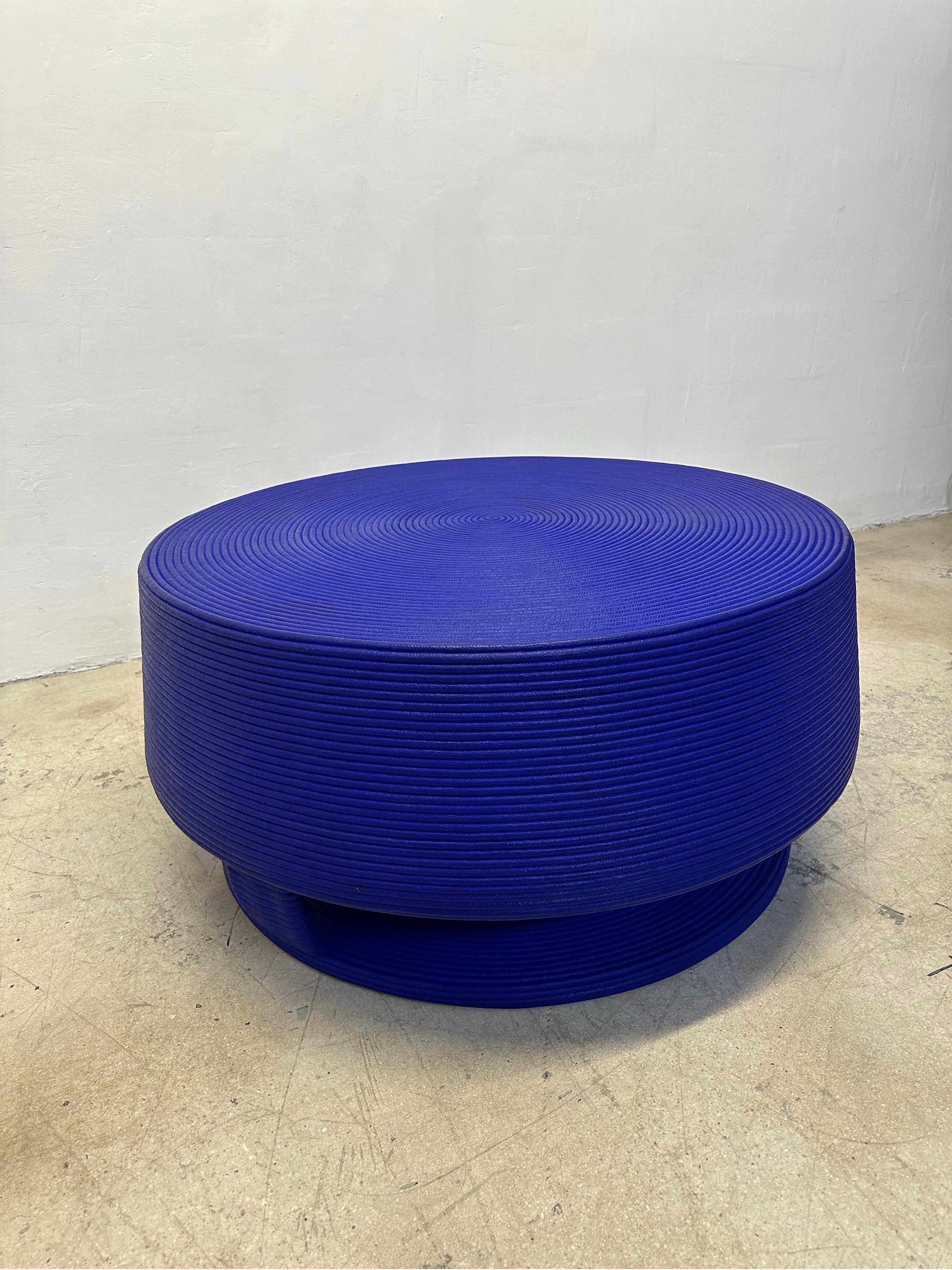 Yves Klein vivid blue rope clad Afritamu coffee table by Christian Astuguevieille.

Visual artist born (1946) and living in Paris, his work focuses on a roundabout but ingenious use of everyday materials. He transforms them into furniture,