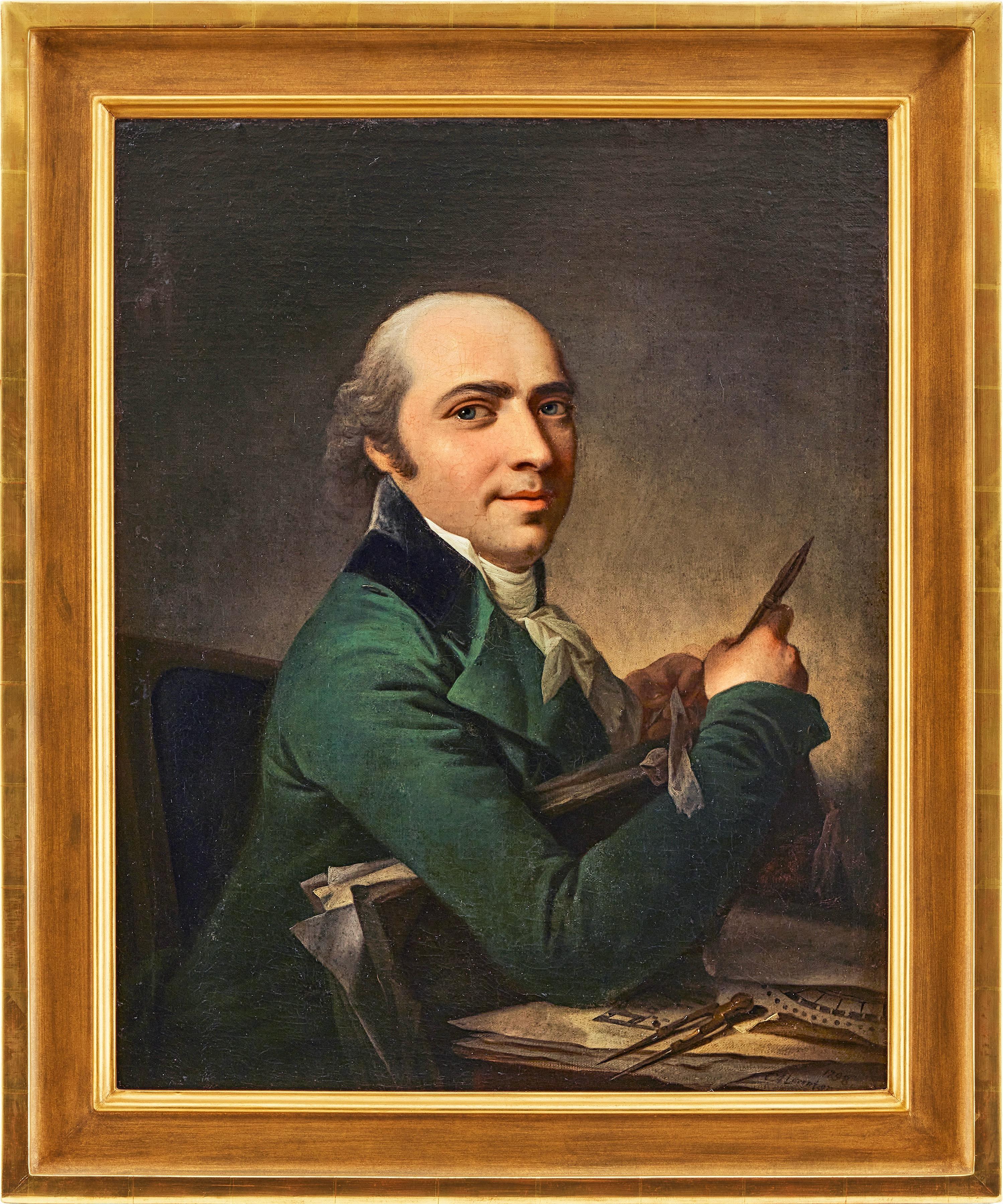 Architect with his Drawings - 18th Century Portrait Oil on Canvas