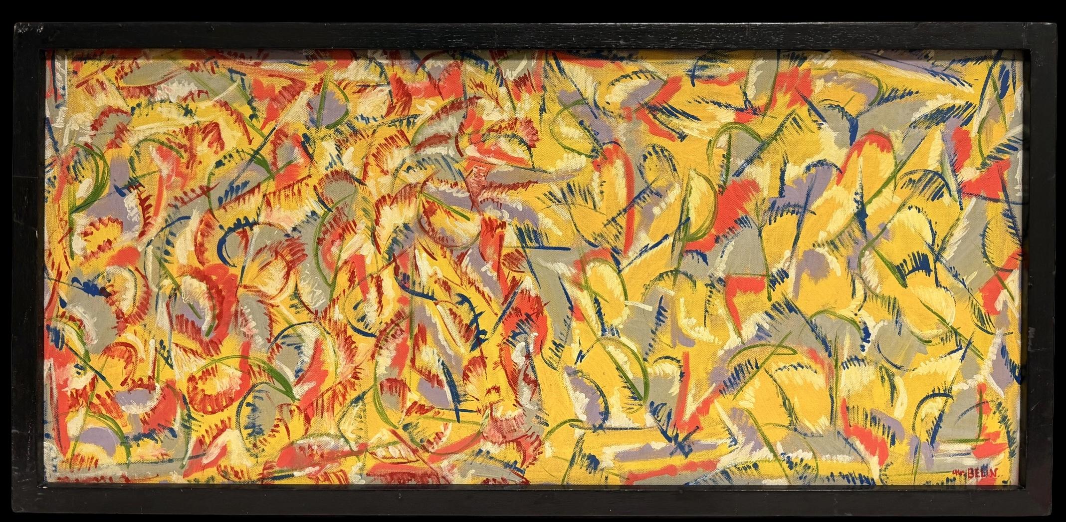 Abstract Composition in Yellow & Red Gestural Modernist French Oil Painting