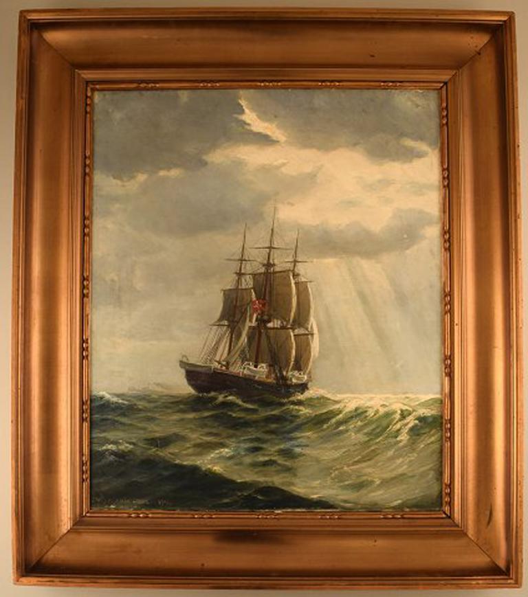 Christian Benjamin Olsen (Denmark): Three master under sail in high sea. Danish flag.
Oil on canvas.
Beautiful and large hand gold gilded frame from the period.
Signed and dated: Chr. Benjamin Olsen, 1901.
The canvas measures: 62 cm x 52 cm. The