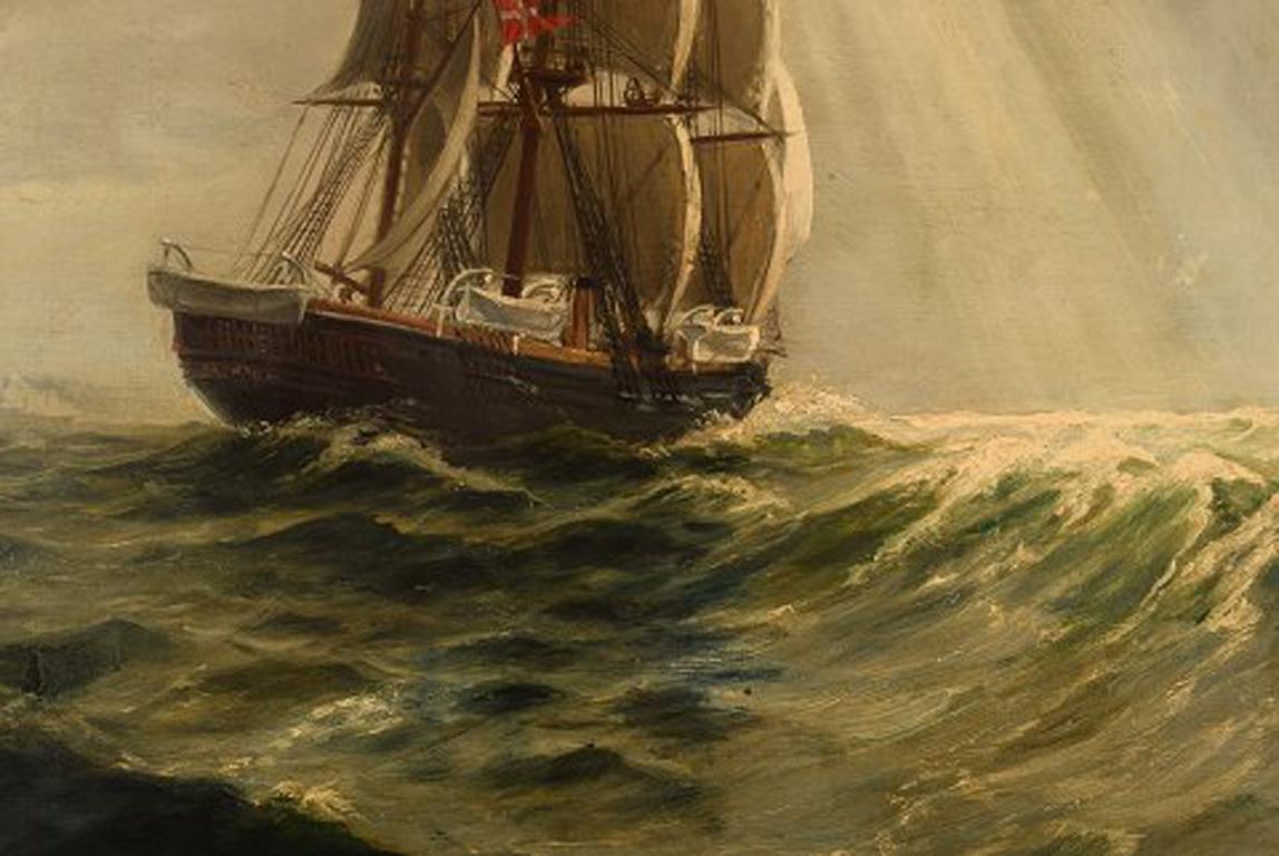 Christian Benjamin Olsen ‘Denmark’ Three Master under Sail, Oil on Canvas In Good Condition In Copenhagen, DK
