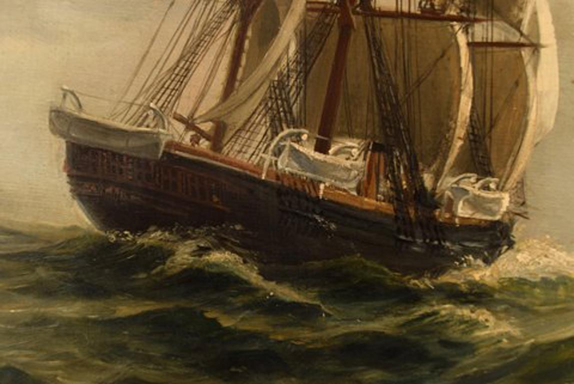Early 20th Century Christian Benjamin Olsen ‘Denmark’ Three Master under Sail, Oil on Canvas