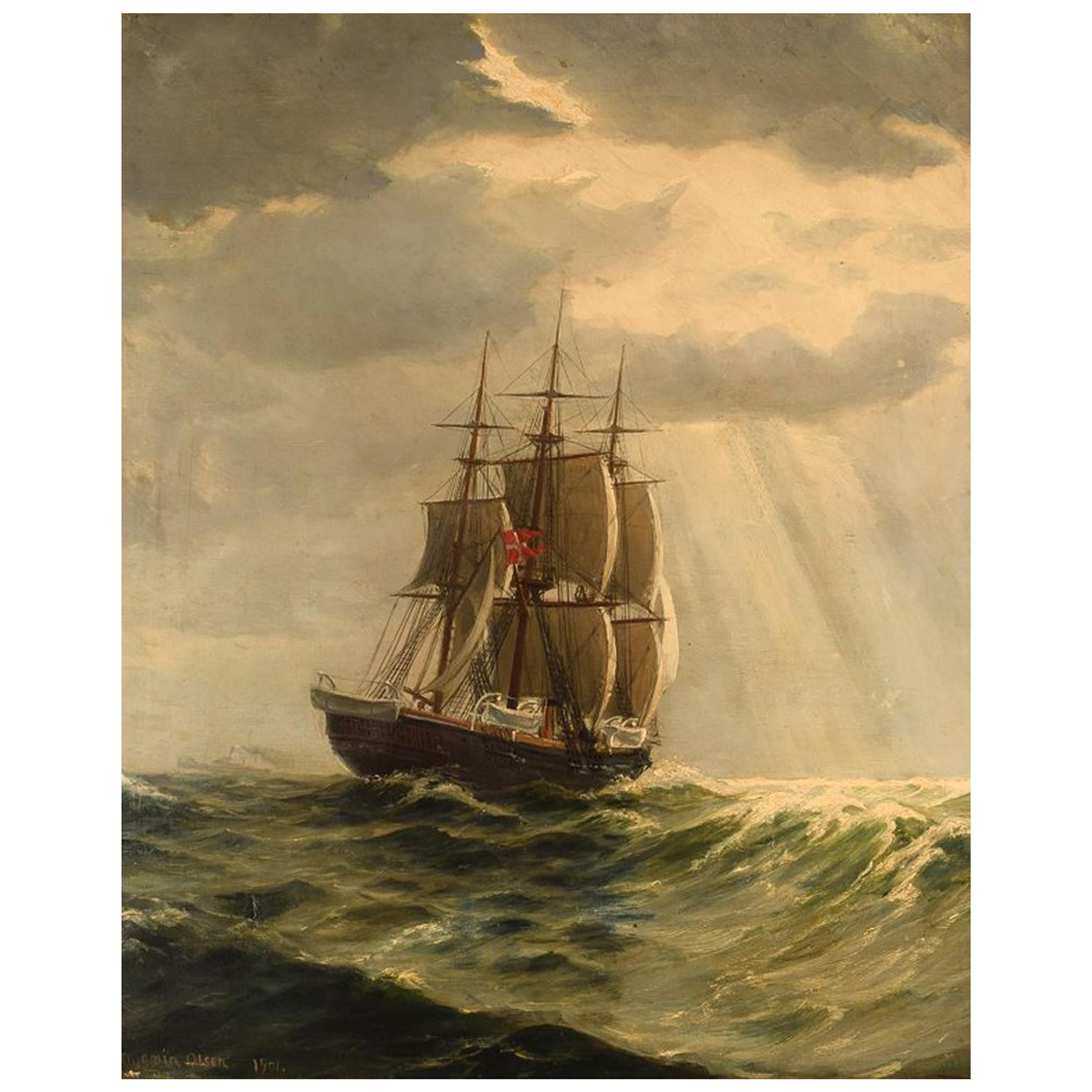 Christian Benjamin Olsen ‘Denmark’ Three Master under Sail, Oil on Canvas