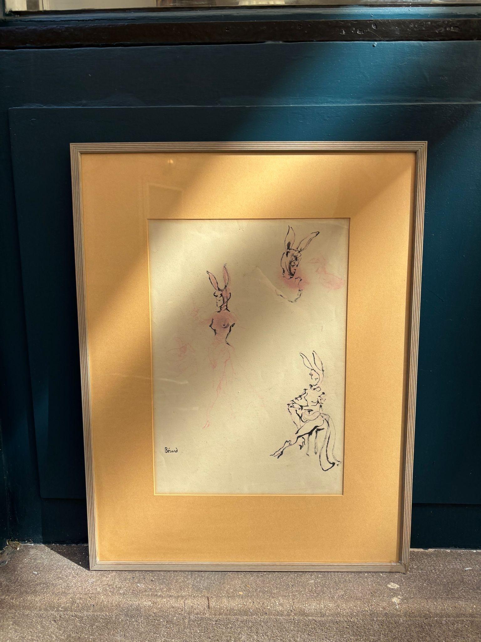 Dessin original à l'encre de Chine et au pastel du grand artiste français Christian Bérard. Cette pièce a été réalisée vers 1945 en vue d'un cabaret parisien. Le dessin à l'encre est signé 