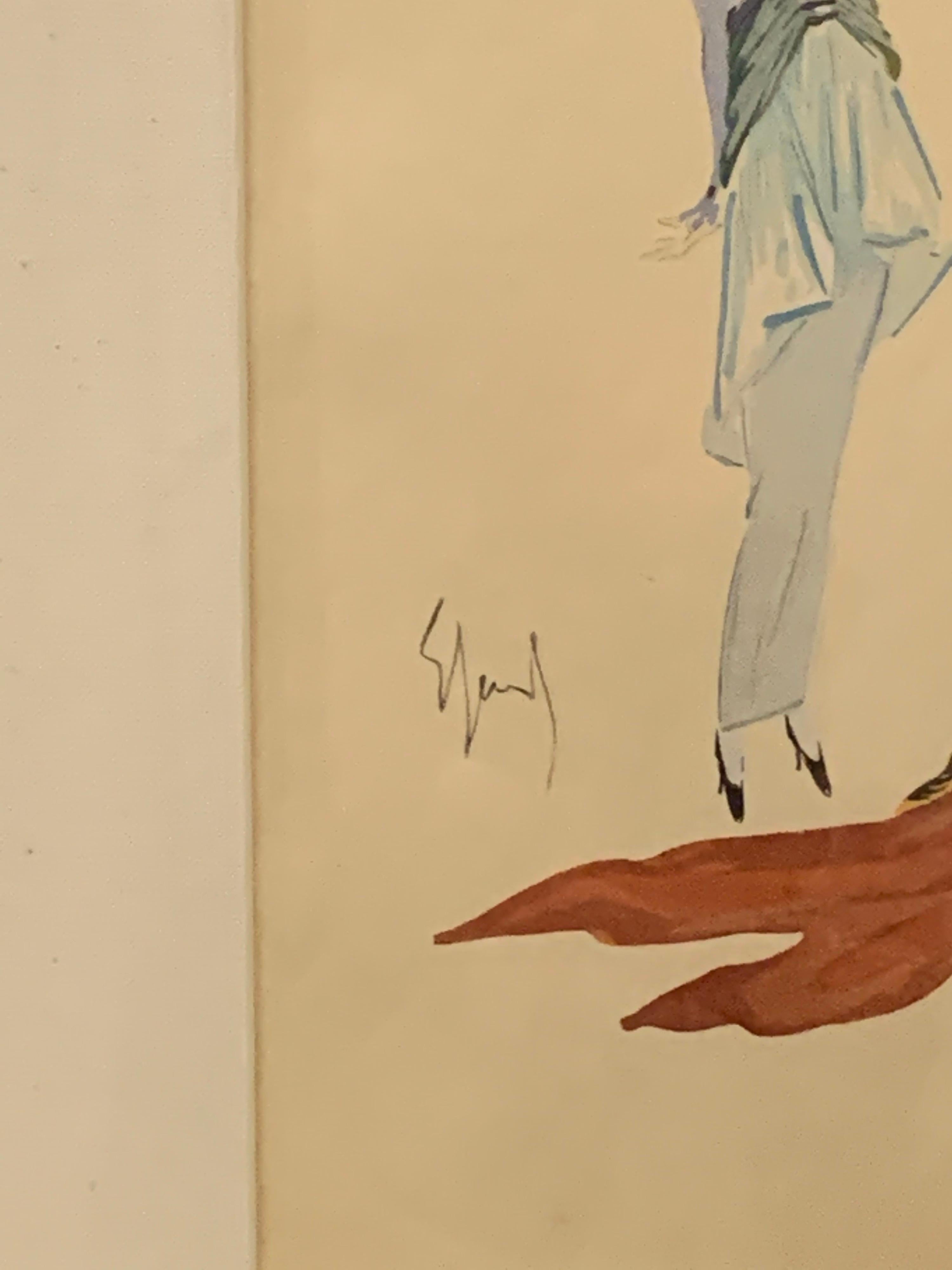 Absolutely in the artistic style of Christian Bérard, this fashion drawing and painted watercolor on paper of two models. This piece is signed but we cannot make out the signature of the artist who made these amazingly vibrant pieces of fashion art.