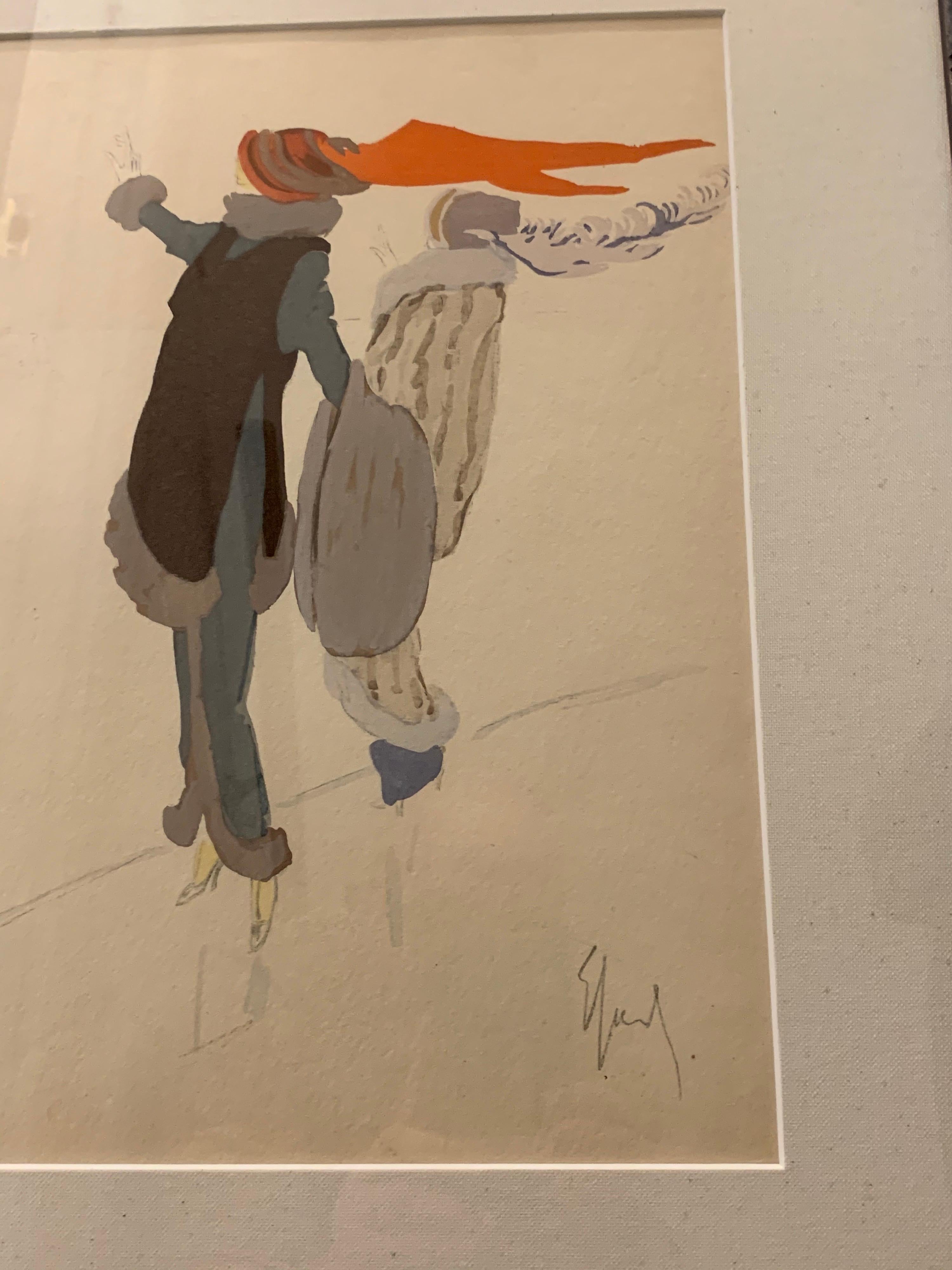 Absolutely in the artistic style of Christian Berard, this fashion drawing and painted watercolor on paper of two models. This piece is SIGNED but we cannot make out the signature of the artist who made these amazingly vibrant pieces of fashion art.