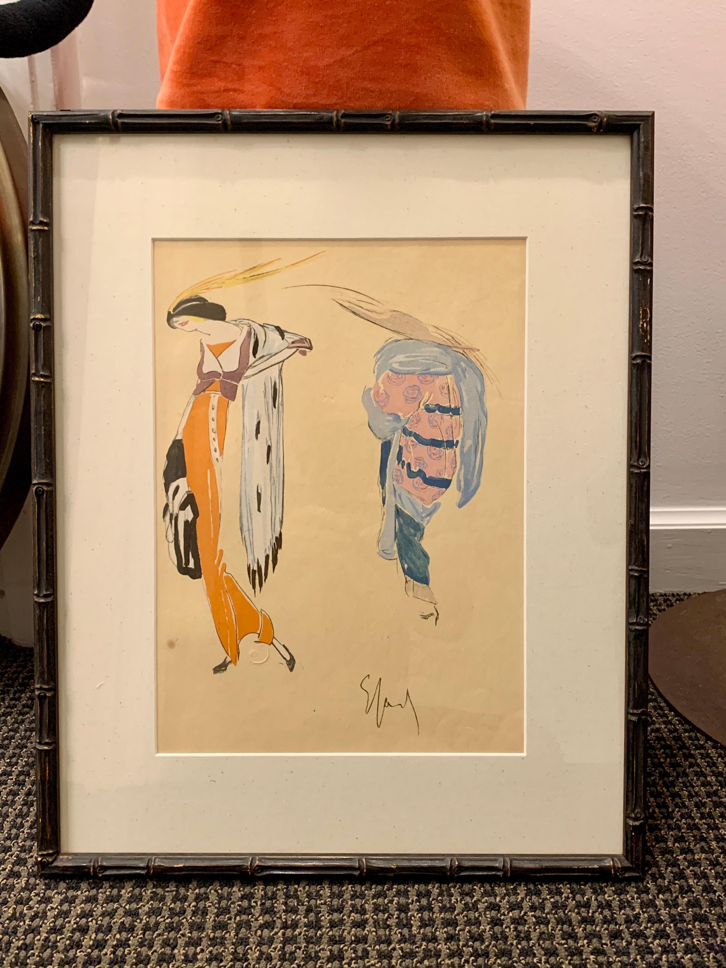 Christian Bérard Style Watercolor and Hand Drawn Fashion Rendering In Good Condition In East Hampton, NY