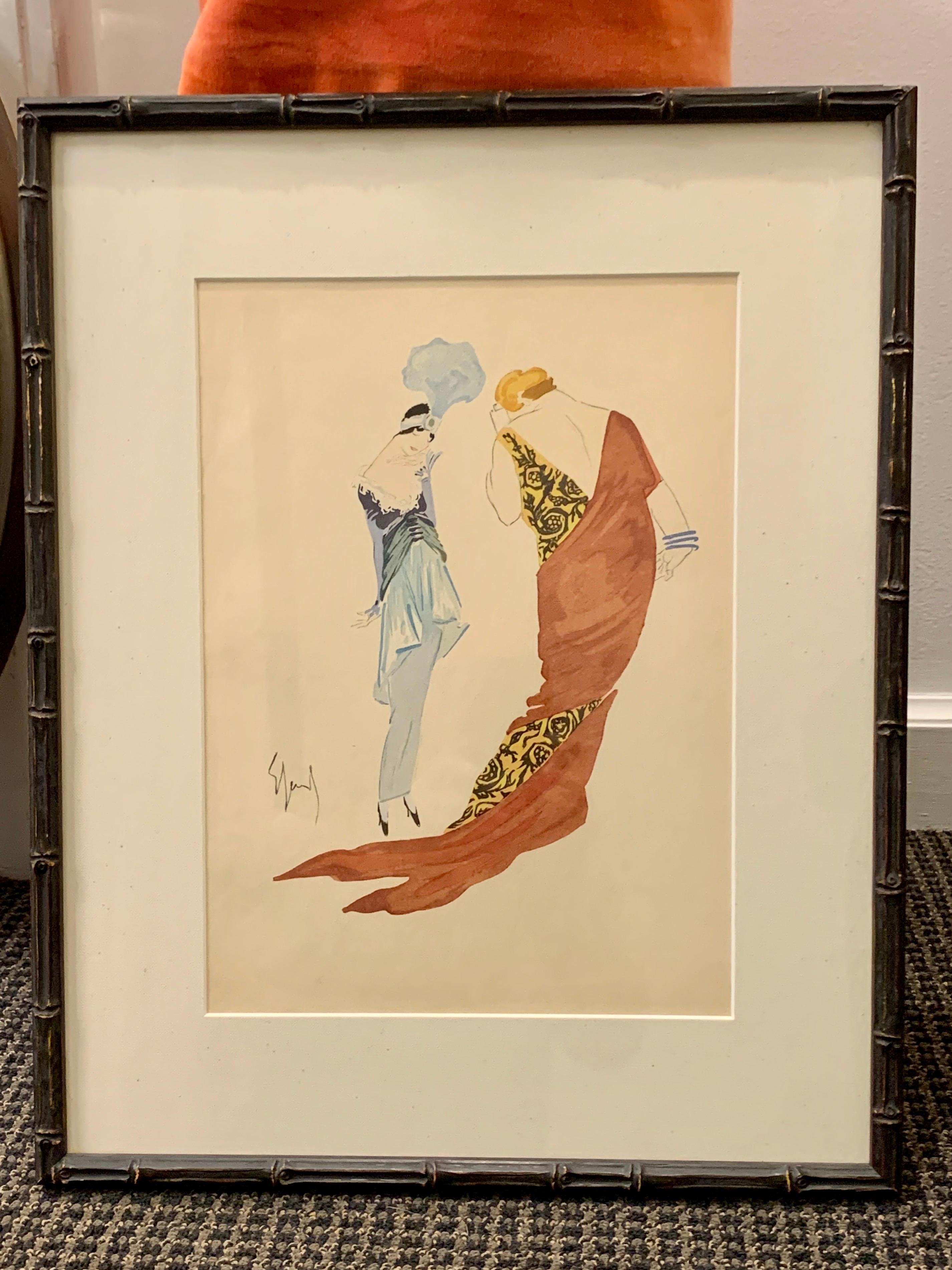 Mid-20th Century Christian Bérard Style Watercolor and Hand Drawn Fashion Rendering