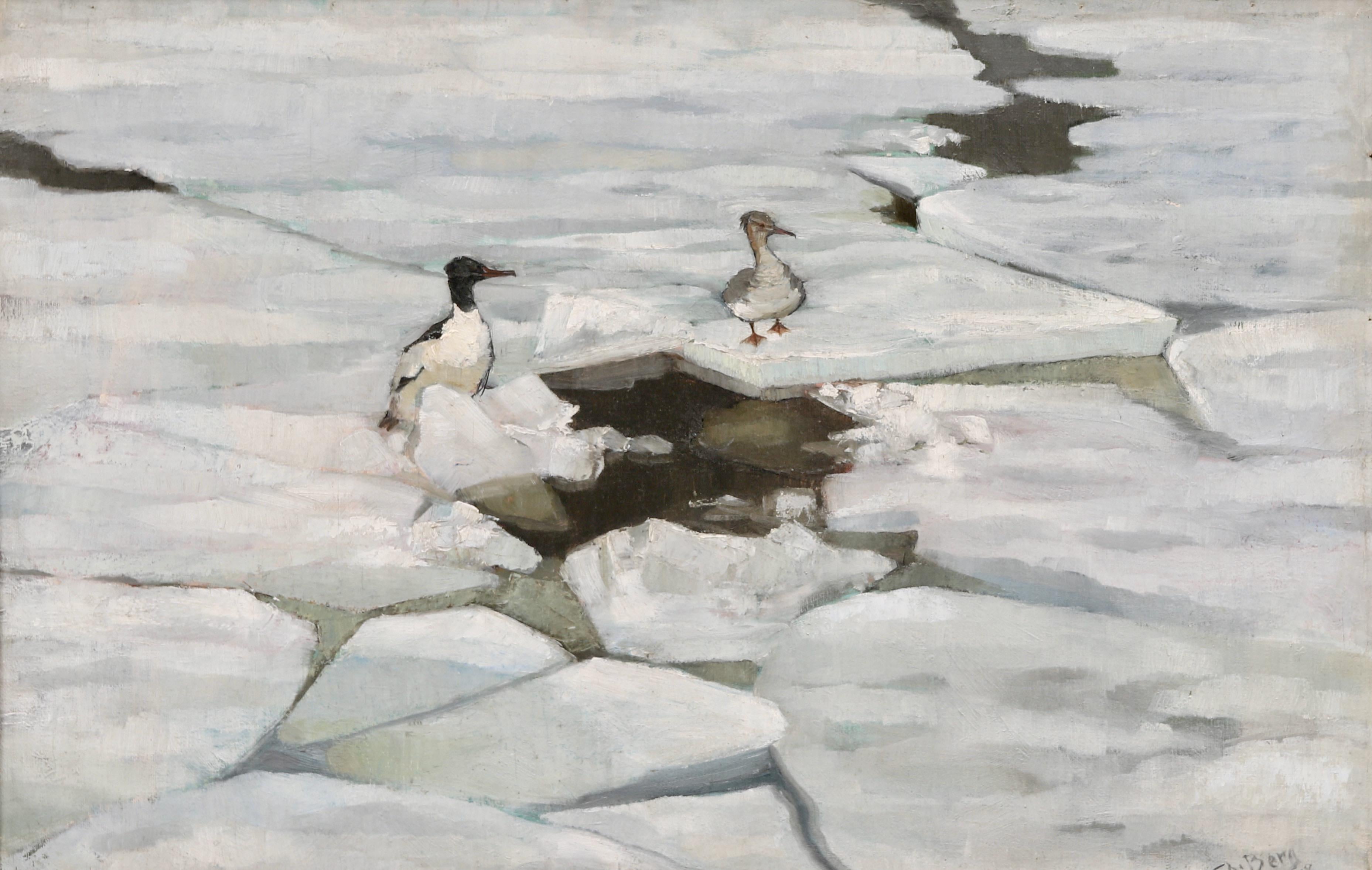Goosander Birds On Ice Floes. Oil on Canvas 1918 - Painting by Christian Berg