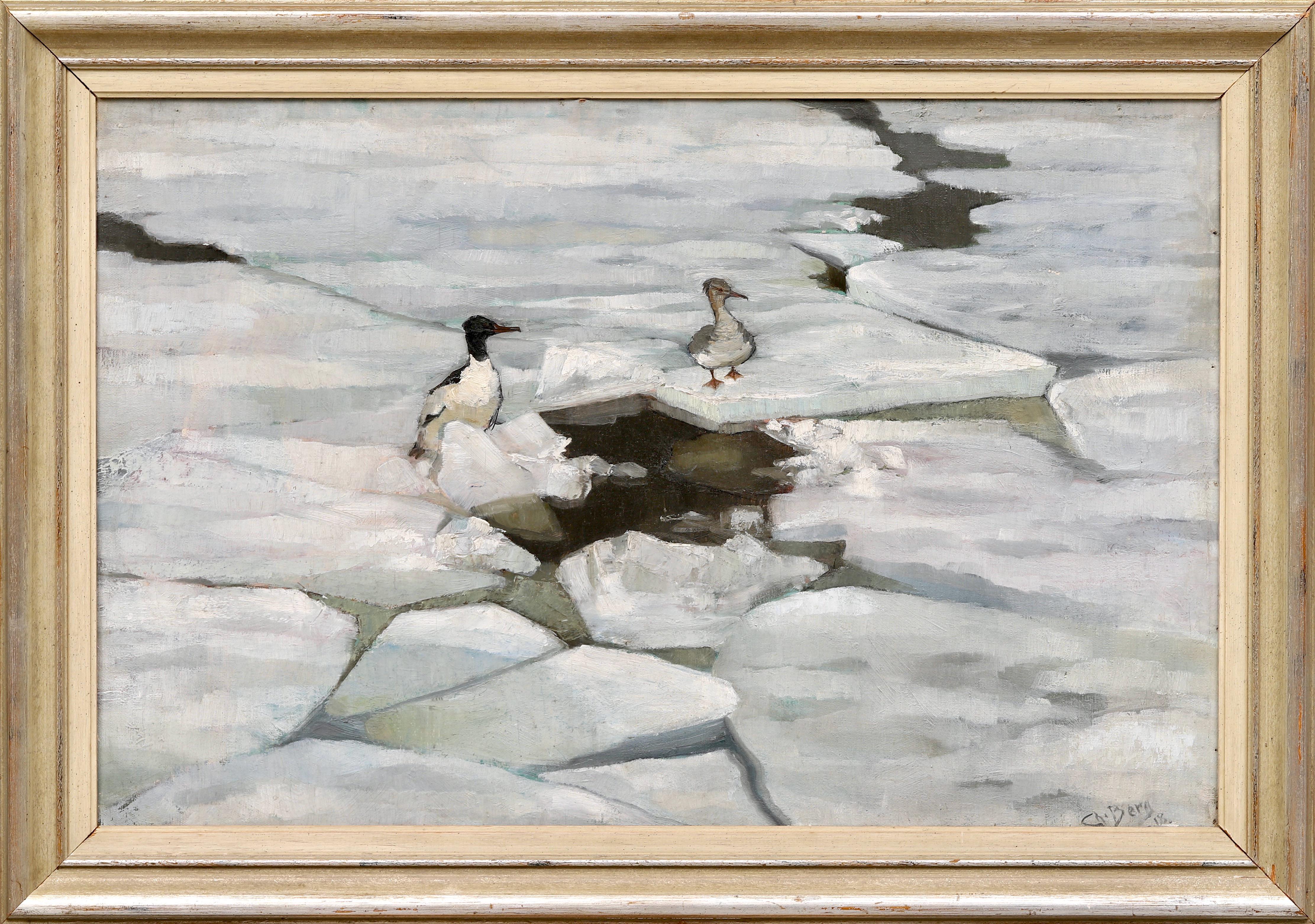 A female and male Goosander bird on ice floes. In the center of the painting there is a smaller opening in the ice covered waters. This painting, by Christian Berg (1893-1976) is quite interesting and unusual for his works. It is signed 