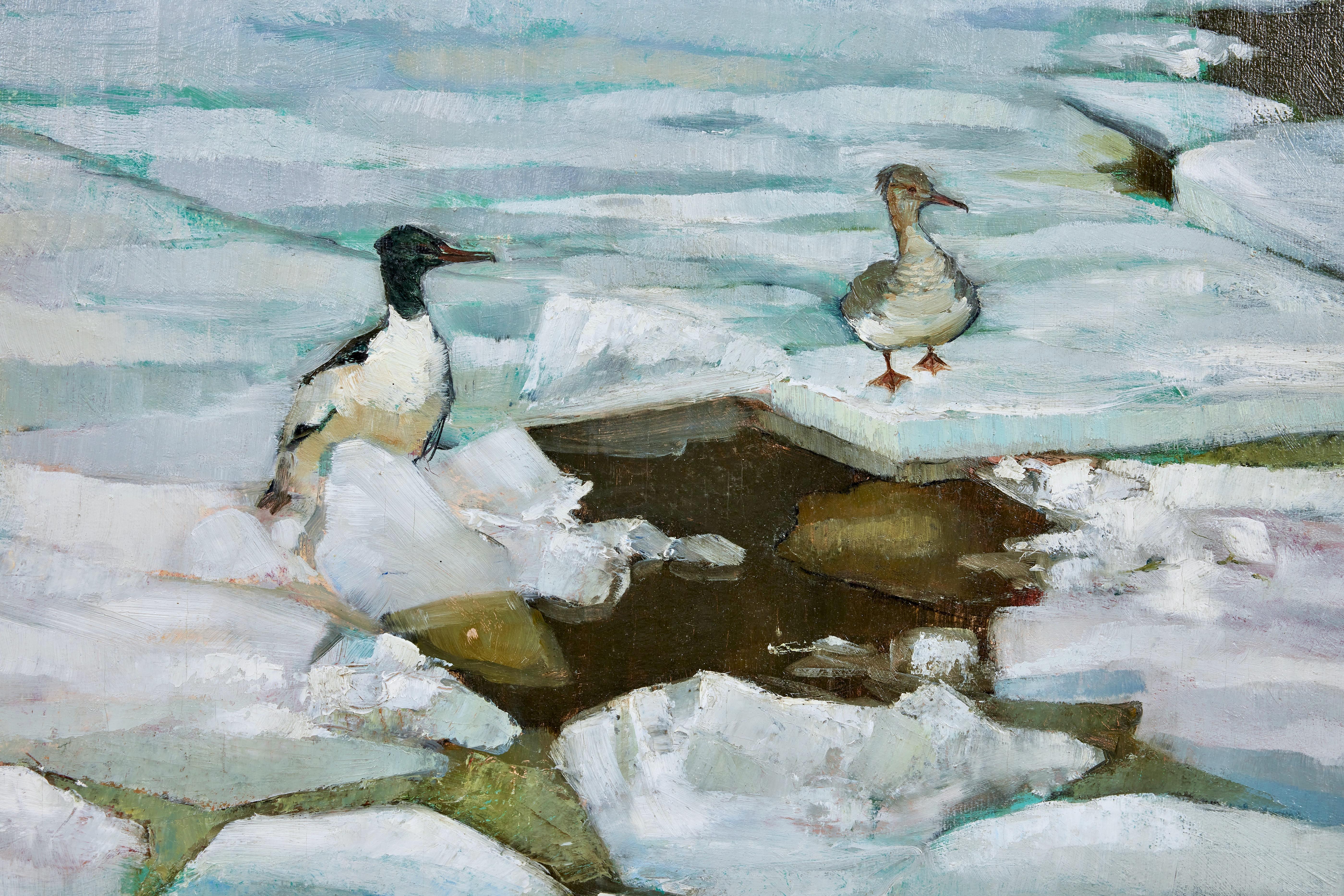 Uccelli di Goosander su banchi di ghiaccio - Painting di Christian Berg