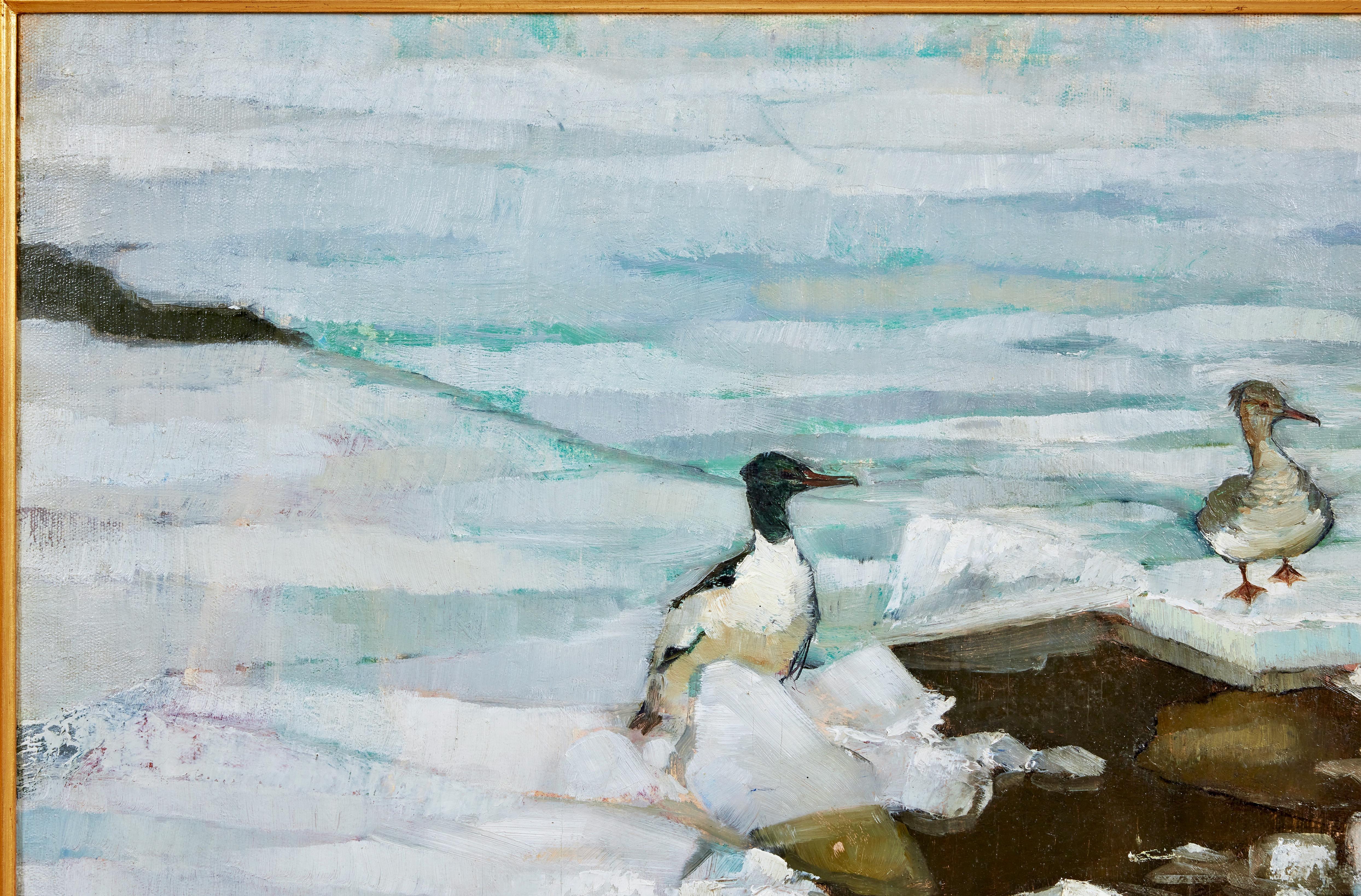 Uccelli di Goosander su banchi di ghiaccio - Painting Naturalismo di Christian Berg