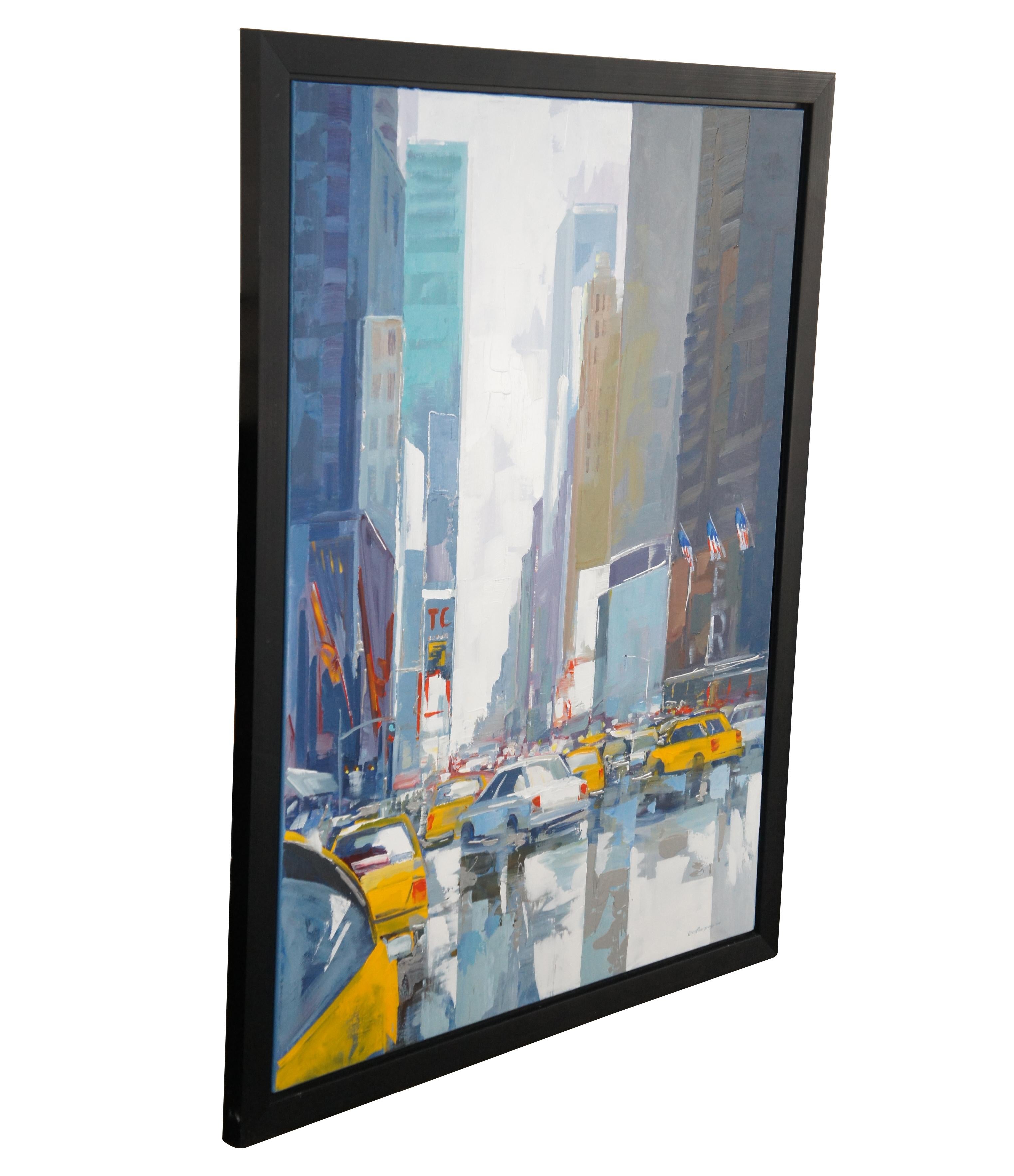 A large and impressive cityscape oil painting by Christian Bergeron featuring New York City. Aptly titled New York New York and featuring a bustling view of cars / taxi cabs and buildings.

Christian Bergeron (Born 1945) is active/lives in Quebec,