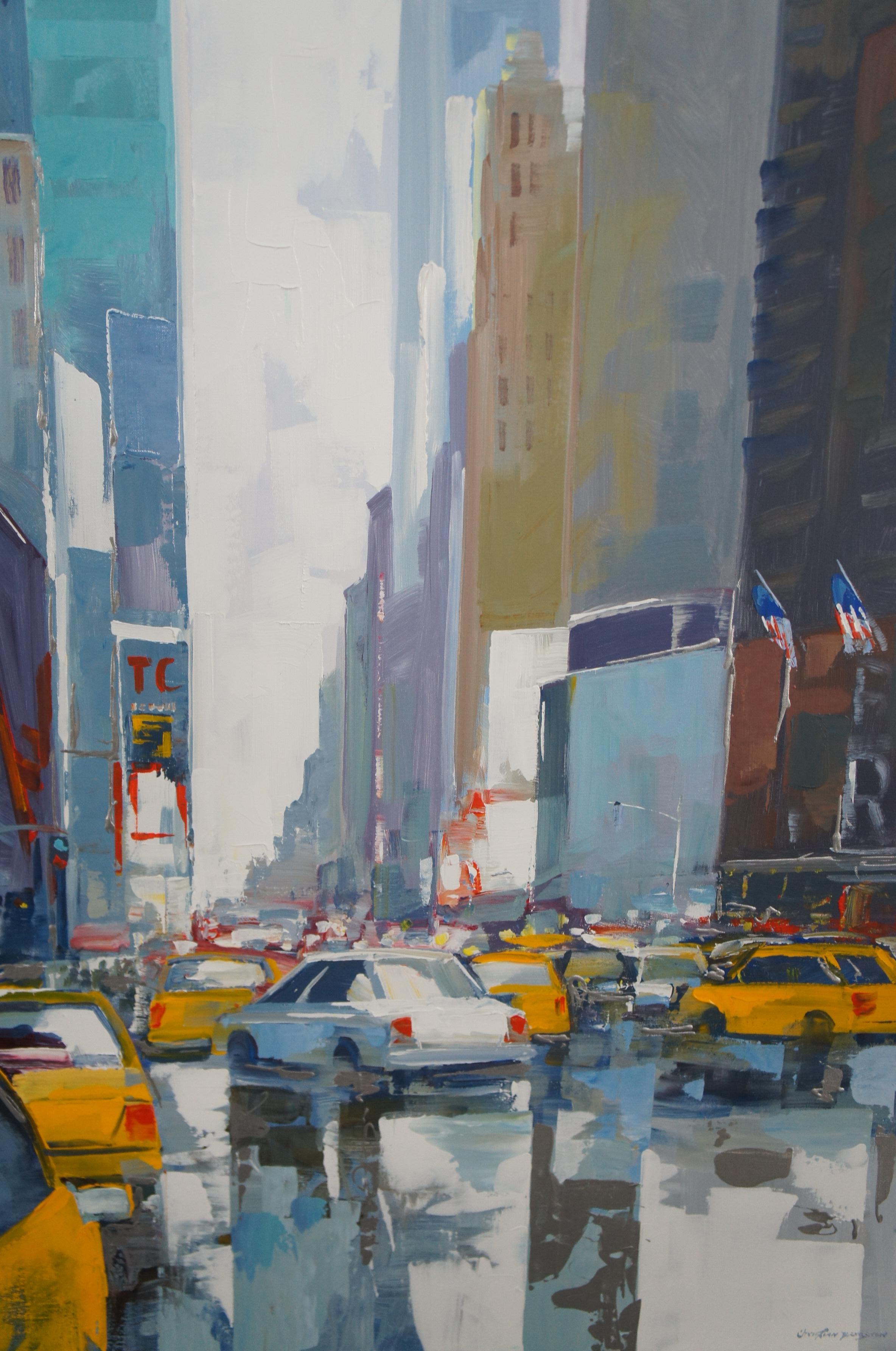 Christian Bergeron Original Acrylic Cityscape Oil Painting New York City Taxi In Good Condition For Sale In Dayton, OH