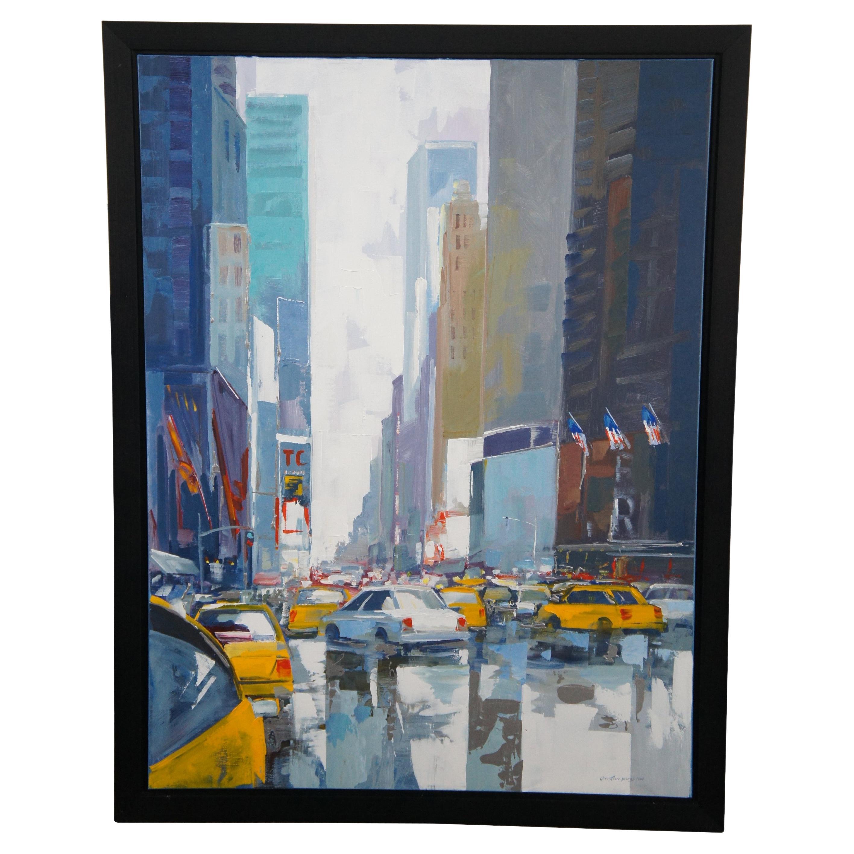 Christian Bergeron Original Acrylic Cityscape Oil Painting New York City Taxi For Sale