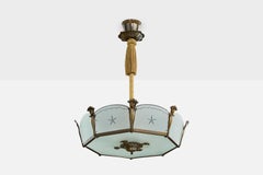 Christian Bergh & Co, Pendant Light, Brass, Glass, Fabric, Sweden, 1930s