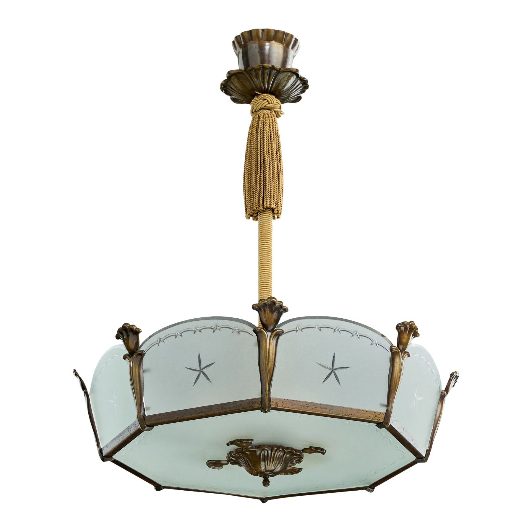 Christian Bergh 
Co, Pendant Light, Brass, Glass, Fabric, Sweden, 1930s For Sale