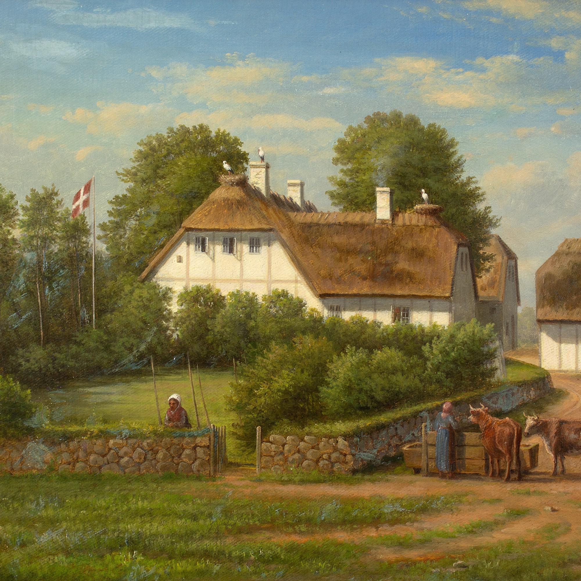 Christian Berthelsen, Village Landscape With Thatched Cottage & Storks For Sale 2