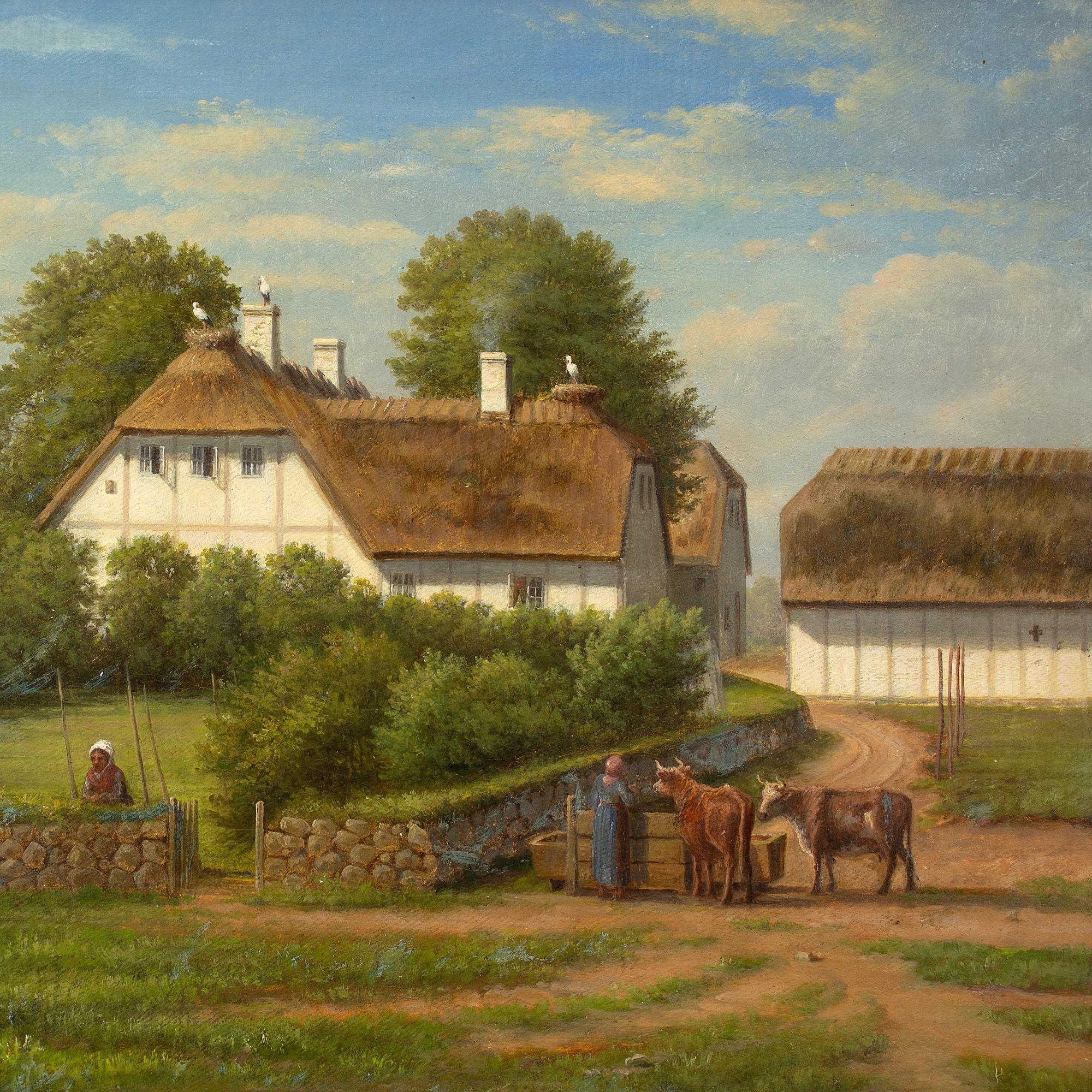 Christian Berthelsen, Village Landscape With Thatched Cottage & Storks For Sale 3