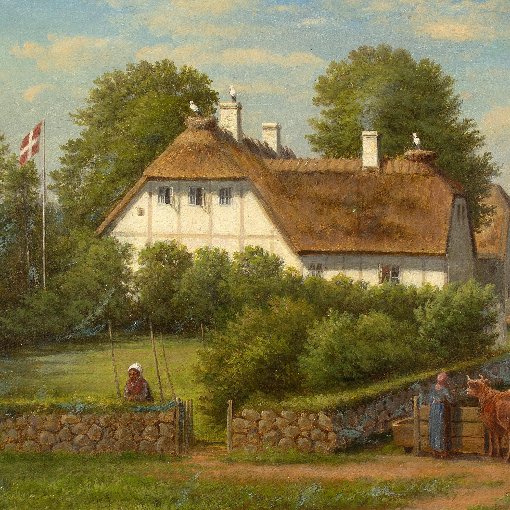 Christian Berthelsen, Village Landscape With Thatched Cottage & Storks For Sale 4