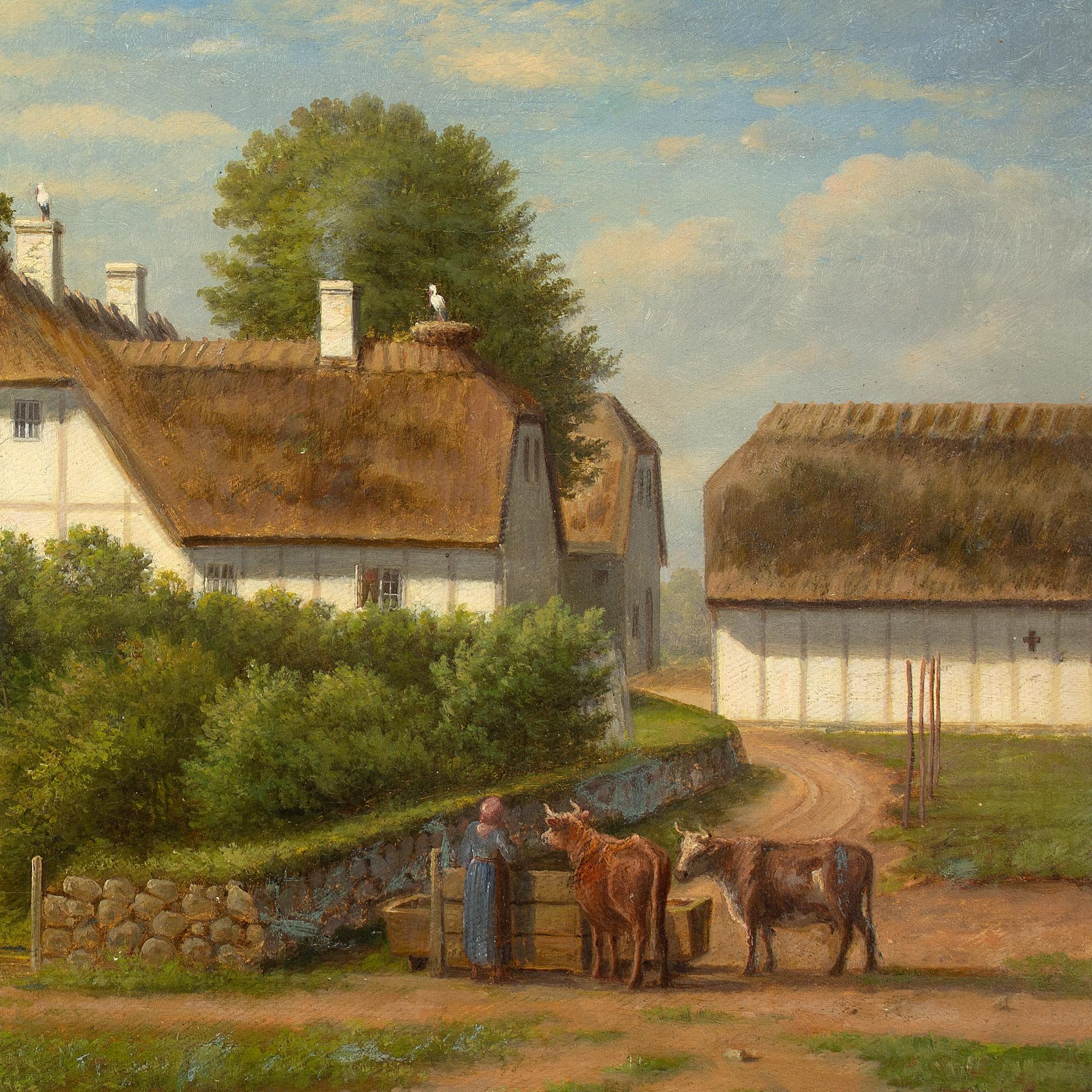 Christian Berthelsen, Village Landscape With Thatched Cottage & Storks For Sale 5