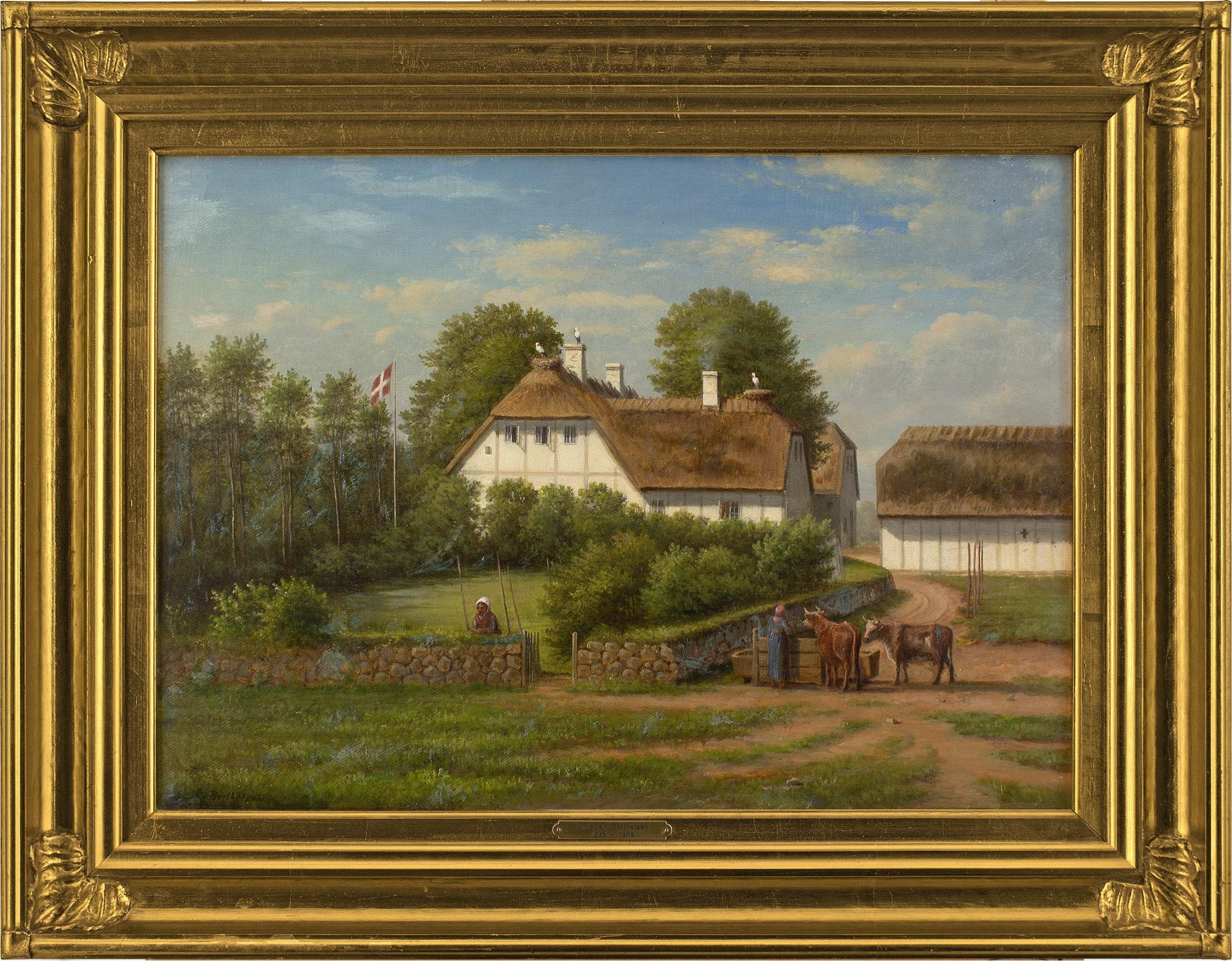 Dieses charmante Ölgemälde des dänischen Künstlers Christian Berthelsen (1839-1909) aus dem 19. Jahrhundert zeigt eine Dorfszene mit Störchen, die auf einem Fachwerkhaus nisten. Ist es einfach eine sanfte Darstellung des idyllischen Familienlebens?