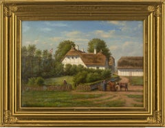 Christian Berthelsen, paysage de village avec cottage et cigognes en bois de cervidé