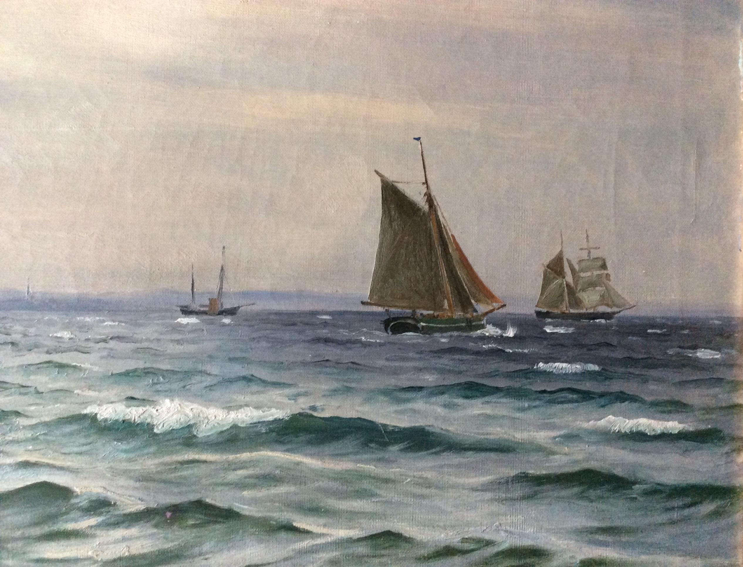 Christian Blache seascape with numerous sailing ships at sea
Signed and dated Chr. Blache 97 oil on canvas size with frame
W 73, H 49, D 5 all in cm without frame W 63, H 39
Christian Blache born Denmark 1838-1920
Few peelings and retouch.