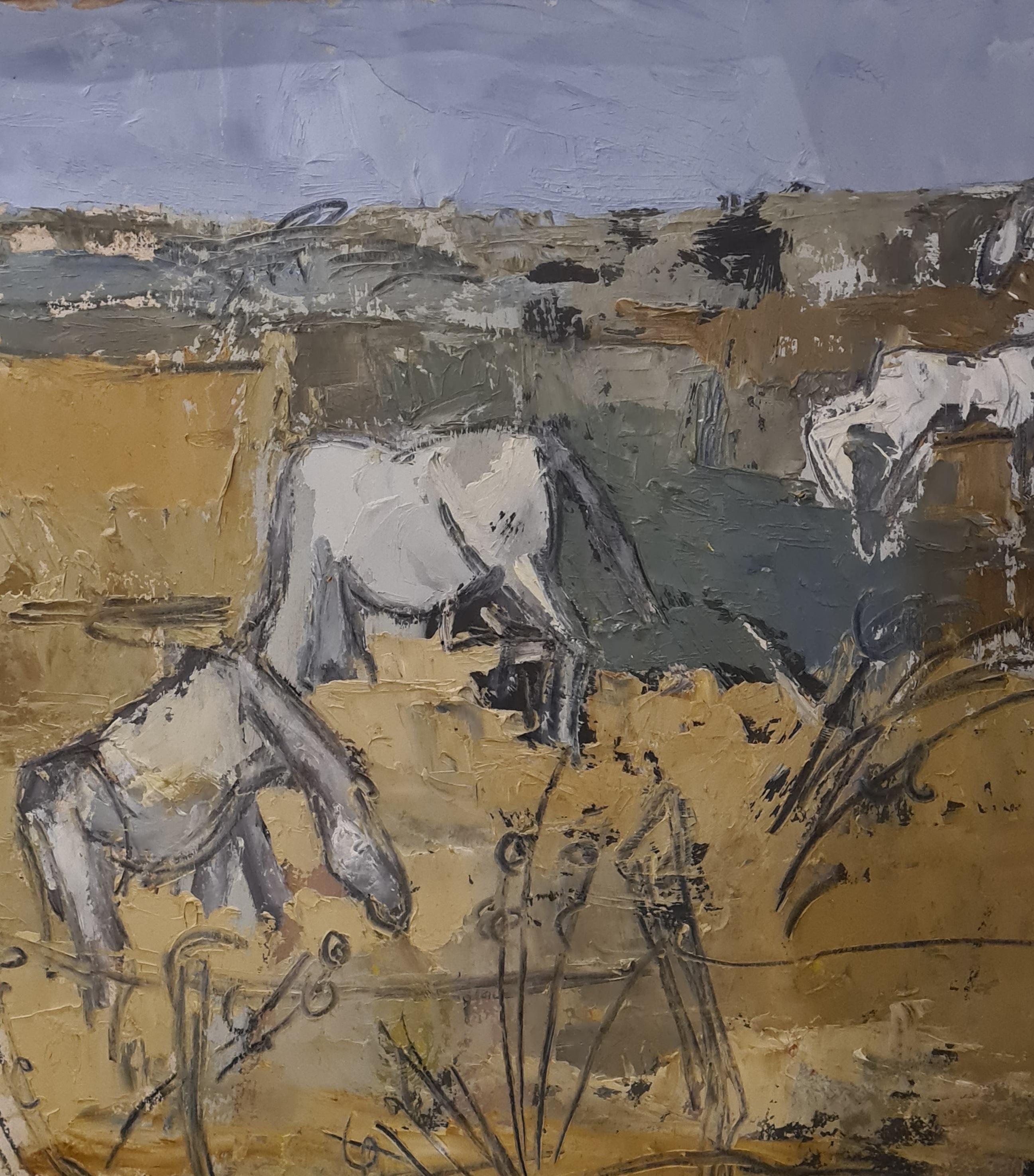 Campo di colore della metà del 20° secolo, Cavalli in una  Paesaggio, Chevaux Dans la Camargue - Painting di Christian Bonnefoi